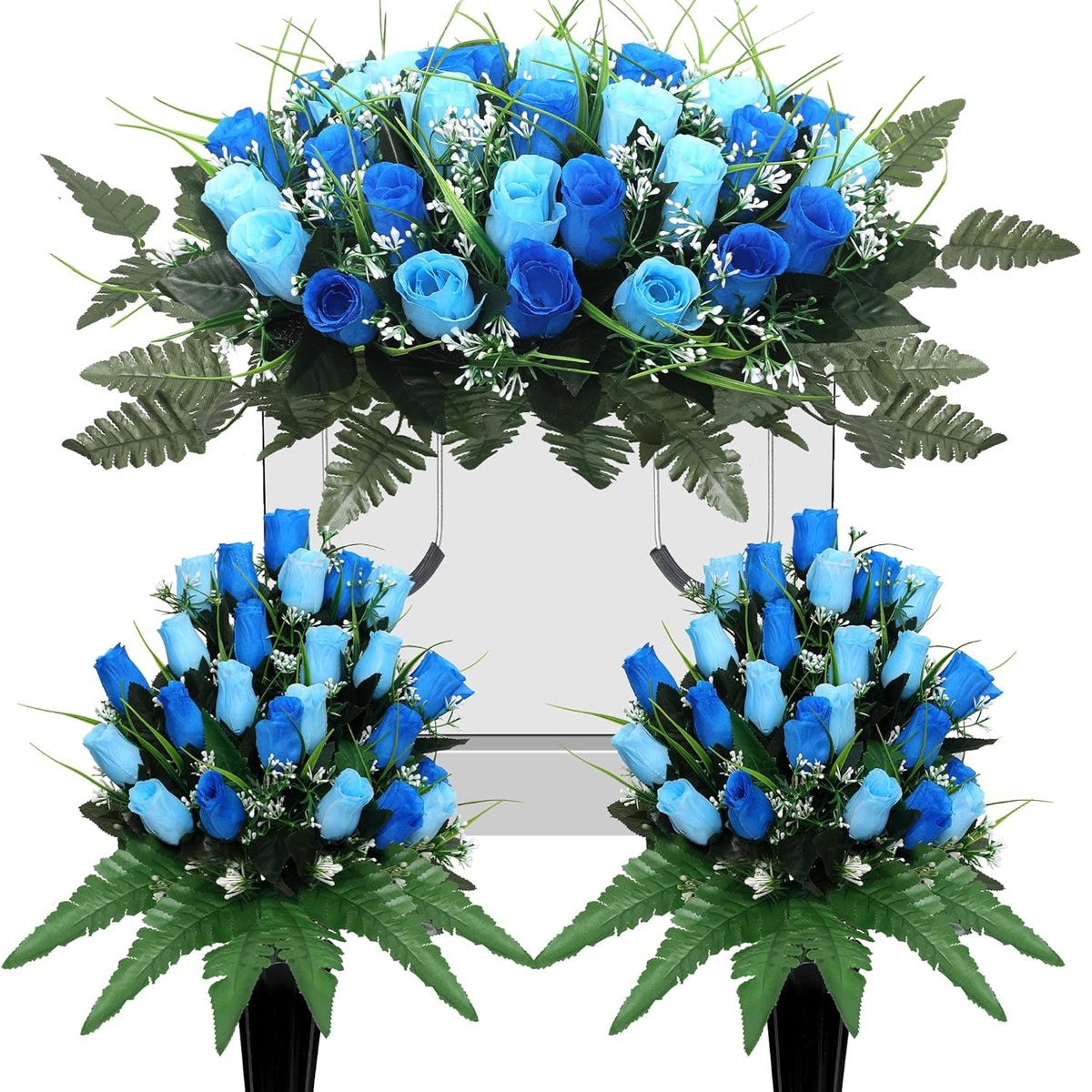 3Pack Artificial Cemetery Flowers For Grave,Headstone Flower Saddle Gravesite Decoration Roses Memorial Bouquets With Cemetery Vase For Cemetery Decorations Non-Fading Easy Fit (Blue)