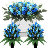 3Pack Artificial Cemetery Flowers For Grave,Headstone Flower Saddle Gravesite Decoration Roses Memorial Bouquets With Cemetery Vase For Cemetery Decorations Non-Fading Easy Fit (Blue)