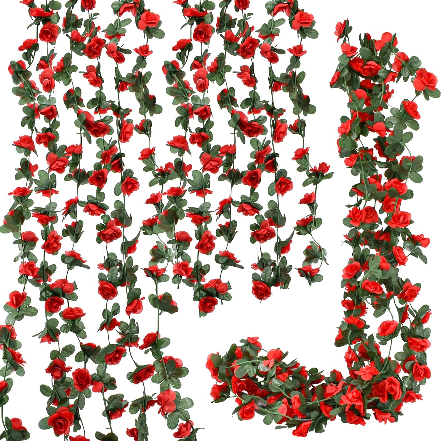 Flower Garland 8Pcs 63Ft Artificial Rose Vine Hanging Flower Vines With Green Leaves Floral Garland For Wedding Wall Arch Party Decor (Red)