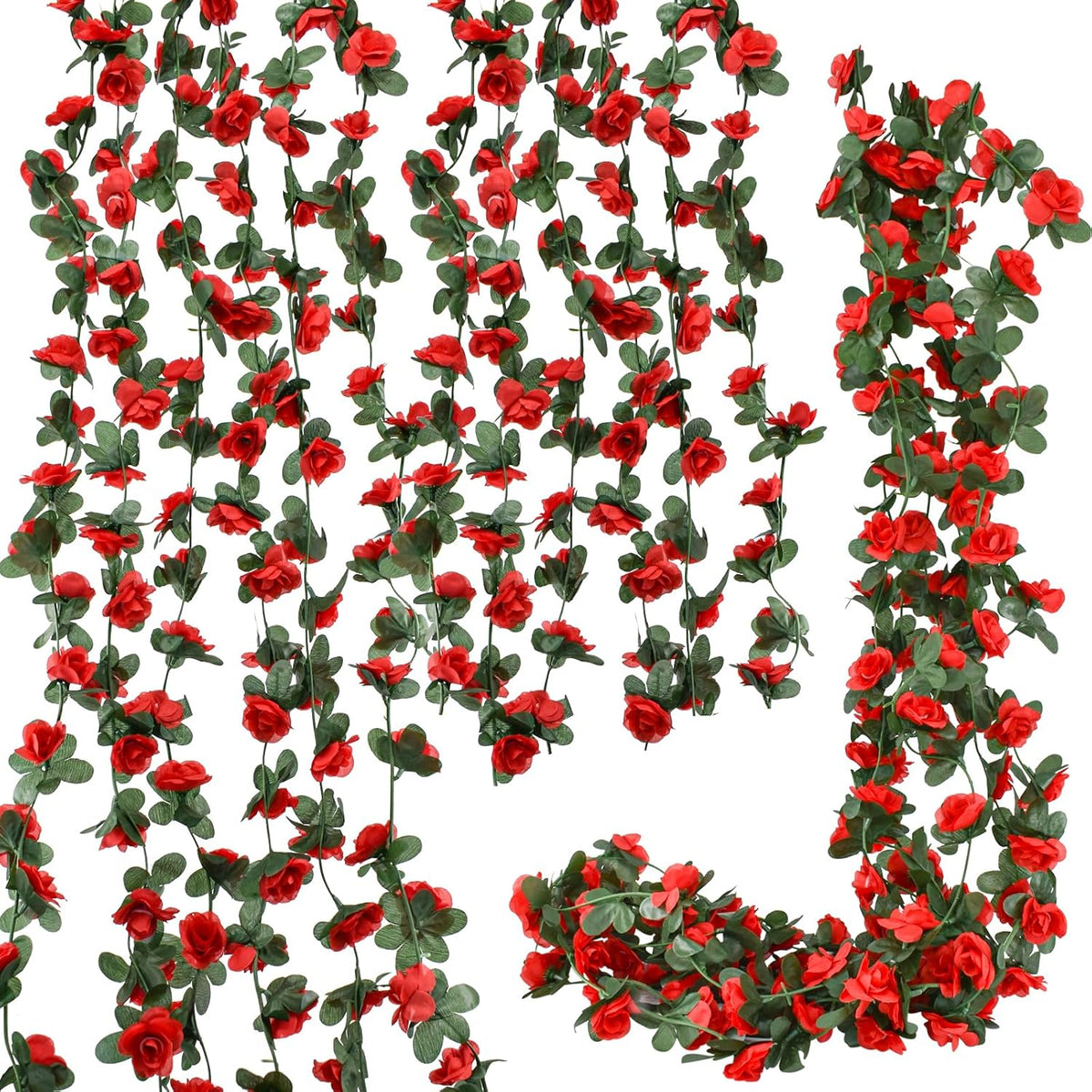 Flower Garland 8Pcs 63Ft Artificial Rose Vine Hanging Flower Vines With Green Leaves Floral Garland For Wedding Wall Arch Party Decor (Red)