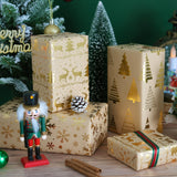 Christmas Wrapping Paper - 3 Mini Rolls, Metallic Gold Foil Kraft Wrapping Paper With Reindeer Christmas Tree Design, Brown Kraft Gift Wrap For Xmas Holiday New Year, 17 Inch X 118 Inch Per Roll
