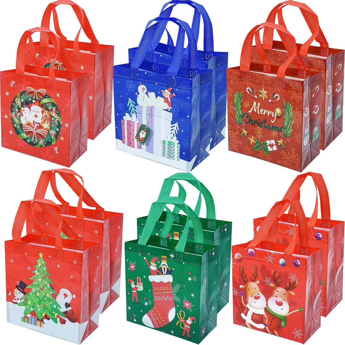 Christmas Gift Bags Tote-Bag With Handles - 12 Pack Reusable Non-Woven Xmas Party Supplies Presents Holiday Santa Claus Merry Christmas Pattern For New Year'S Shopping L8.6"Xh9"Xw4.3"(L22Xh23Xw11Cm)