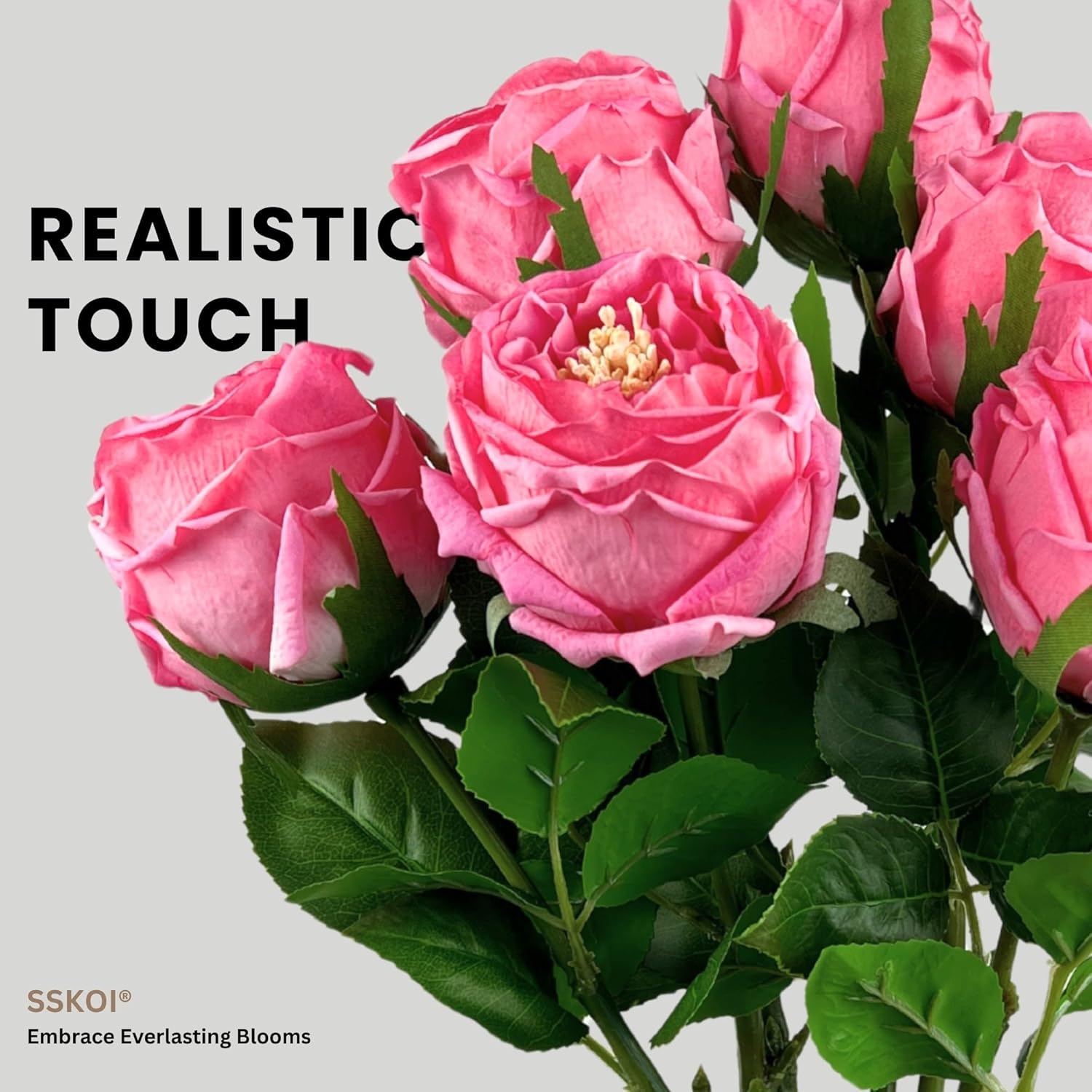 Real Touch Artificial Austin Roses, 6 Faux Rose Stems + 6 Eucalyptus Leaves, Gift Box Packaging, Realistic Fake Flowers For Home, Kitchen, Office, Or Wedding Décor, Allergy-Free Floral Gift Set