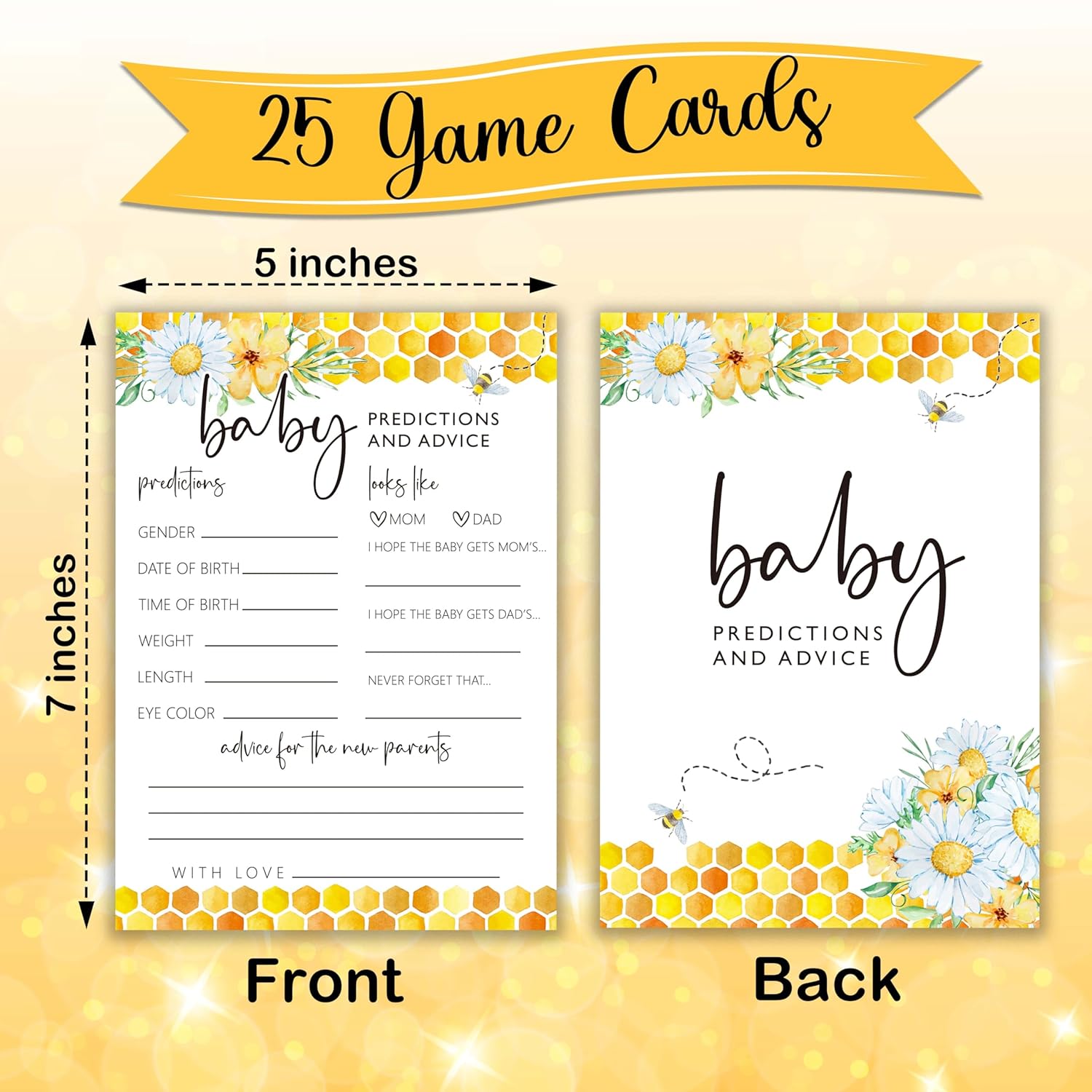 Bee Baby Shower Games, Baby Predictions & Advice, Summer Daisy Bumble Bee Decorations, Gender Neutral Party Supplies & Favor, 5X7 In, Set Of 25