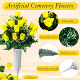 4 Sets Cemetery Flowers For Grave 96 Heads Artificial Rose Bouquet Arrangement With Vase Silk Memorial Flowers For Christmas Memorial Day(Yellow)