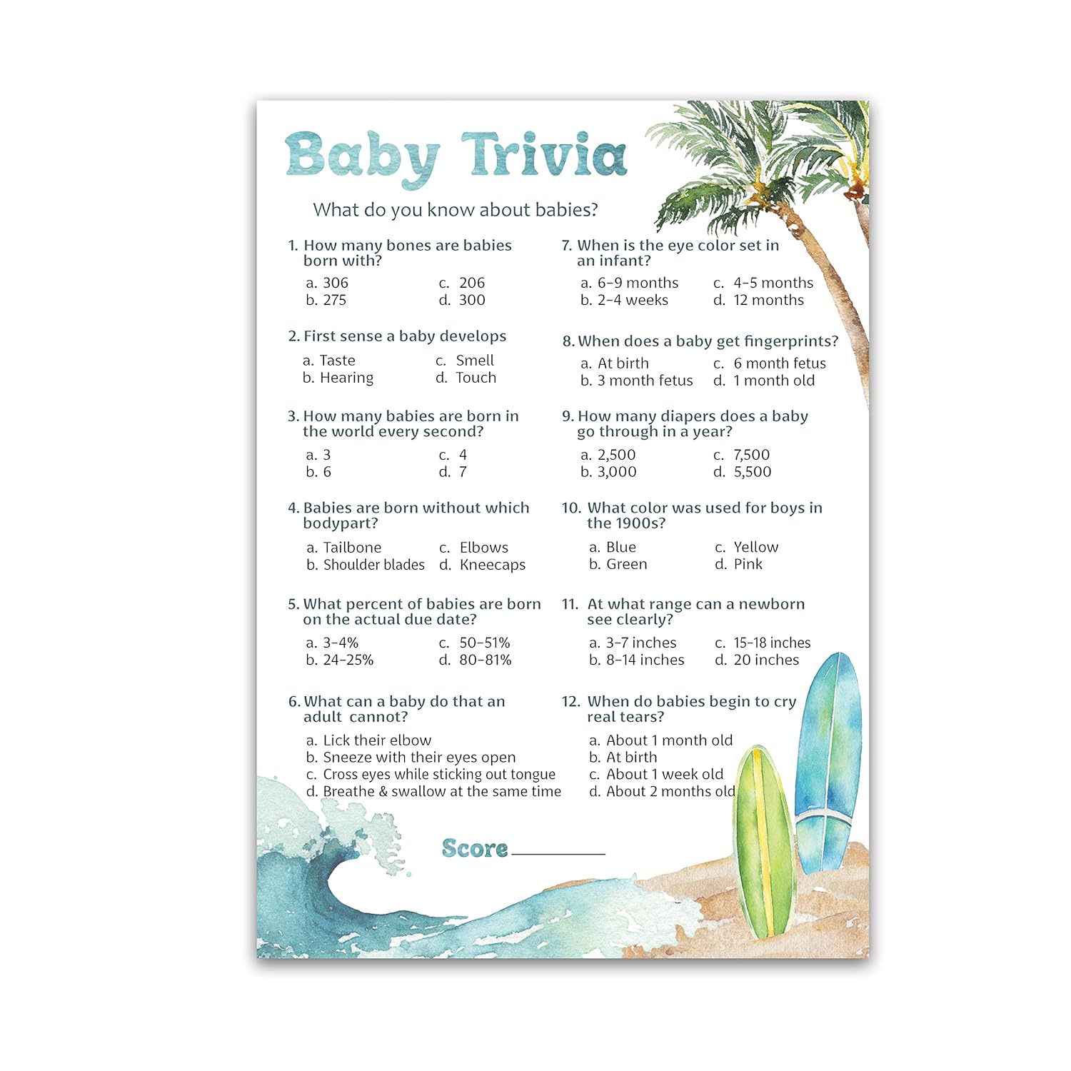 Beach Surf Theme Baby Shower Games — Baby Trivia Game — Pack Of 25, Summer Blue Ocean Surfing, Fun Baby Facts Game Shower Activity, Gender Neutral Couples Shower Co-Ed Shower G940-Trv