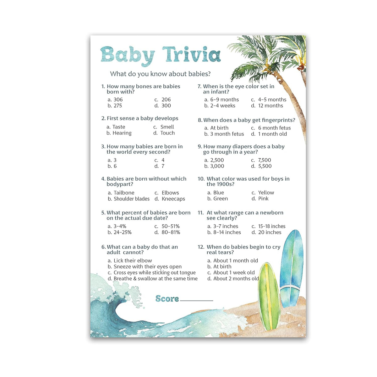 Beach Surf Theme Baby Shower Games — Baby Trivia Game — Pack Of 25, Summer Blue Ocean Surfing, Fun Baby Facts Game Shower Activity, Gender Neutral Couples Shower Co-Ed Shower G940-Trv