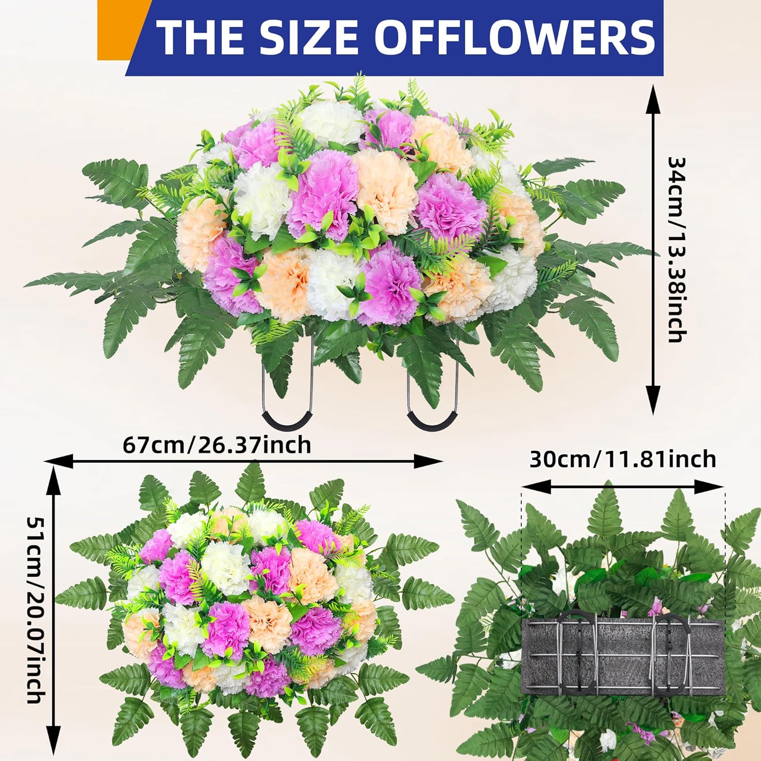 Artificial Cemetery Silk Flowers Saddle,Carnation Cemetery Headstone Flower Saddle, Memorial Flowers For Outdoor Tombstone Headstone Decorations (Purple Beige White)