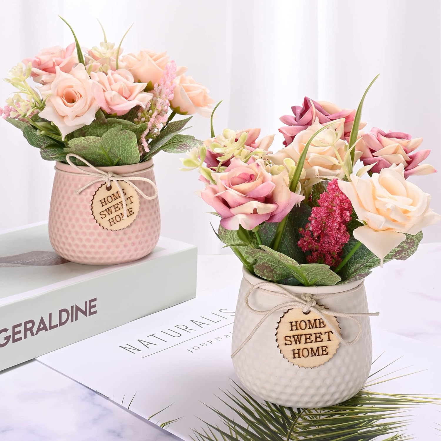 Artificial Flowers With Vase, 2Pcs Pink Silk Roses In Pot, Fake Flowers Bouquet Decoration In Ceramics Vase Faux Floral Arrangement For Table Centerpieces Spring Decor Home Office Farmhouse