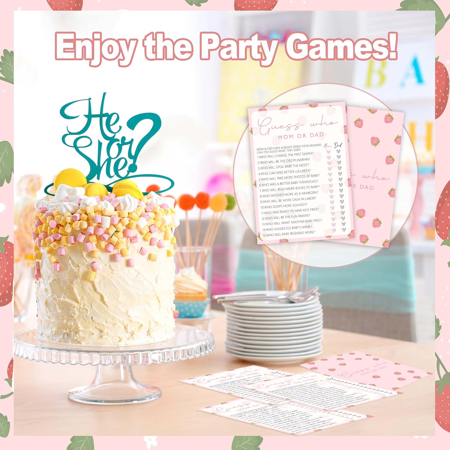 Baby Shower Games For Girl, Strawberry Guess Who Mom Or Dad, 25 Double-Sided Hilarious Baby Shower Games For Gender Reveal Party Decorations Supplies Announcement - E01