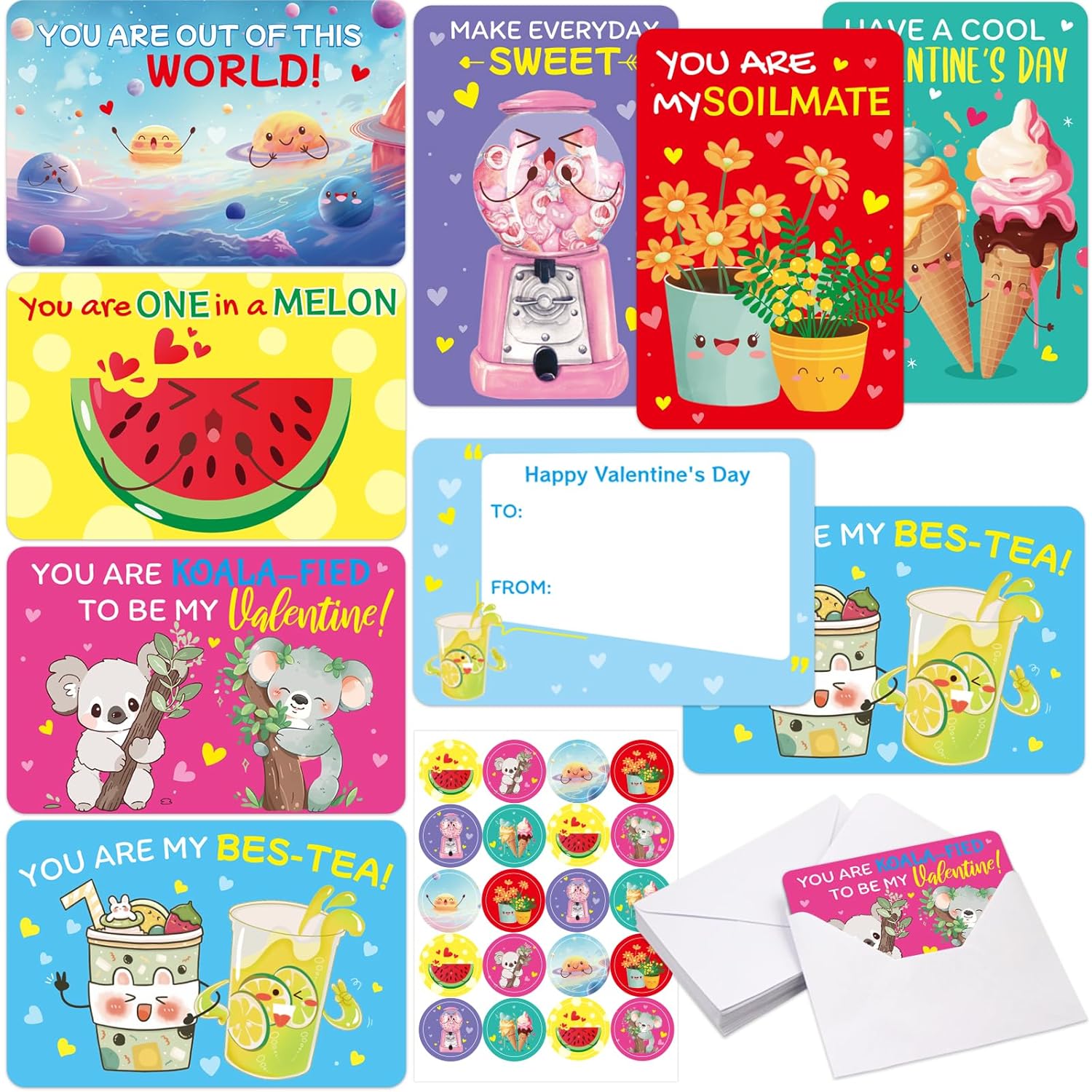 Kids Valentines Day Cards Pun Note Cards With Stickers And Envelopes For Valentine Party Favor School Classroom Activity 28Pcs