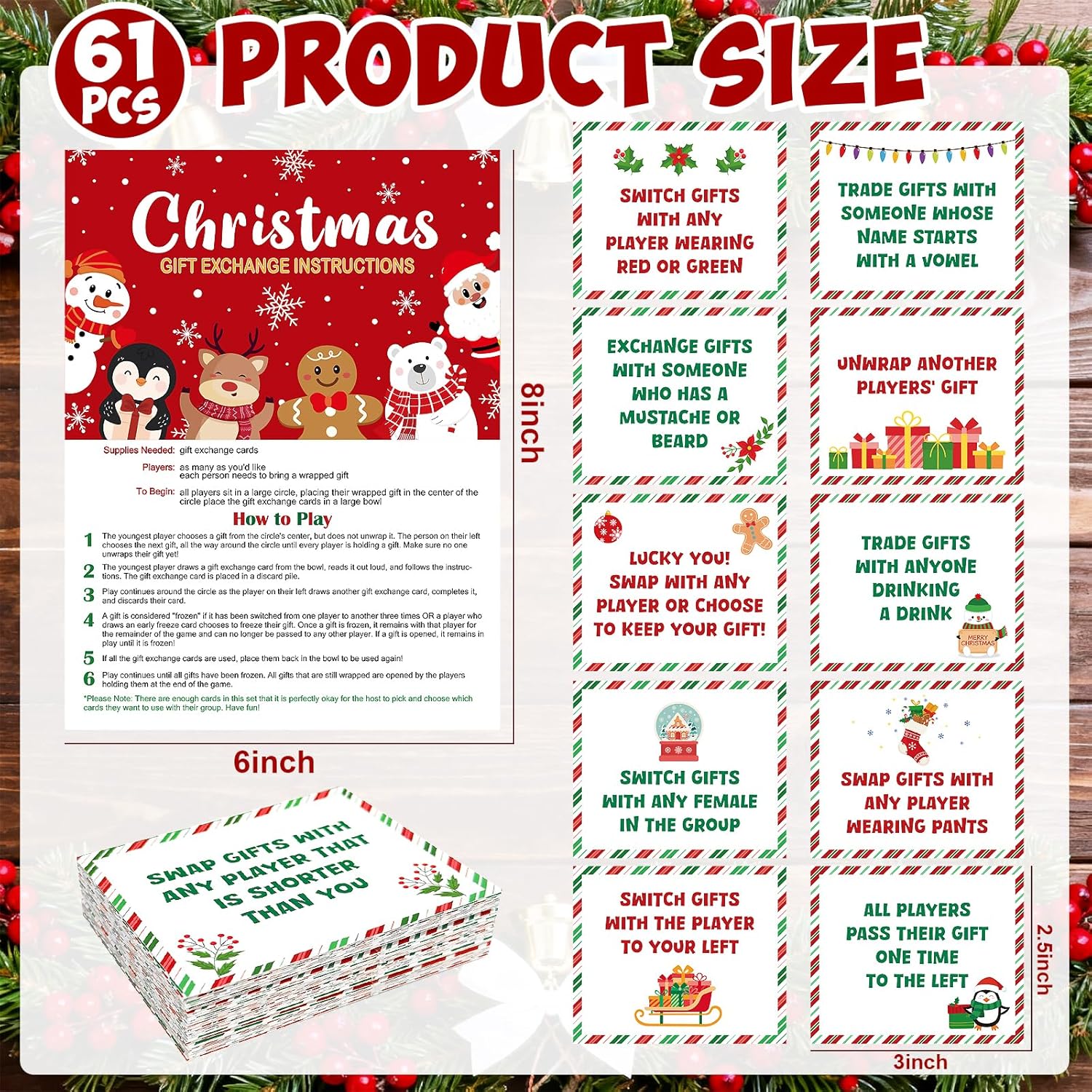 61 Pcs Christmas Gift Exchange Game Cards Merry Christmas Party Games White Elephant Gift Exchange Card Xmas Holiday Present Swap For Adults Large Group Family Women Men Coworker Supplies Winter Paper