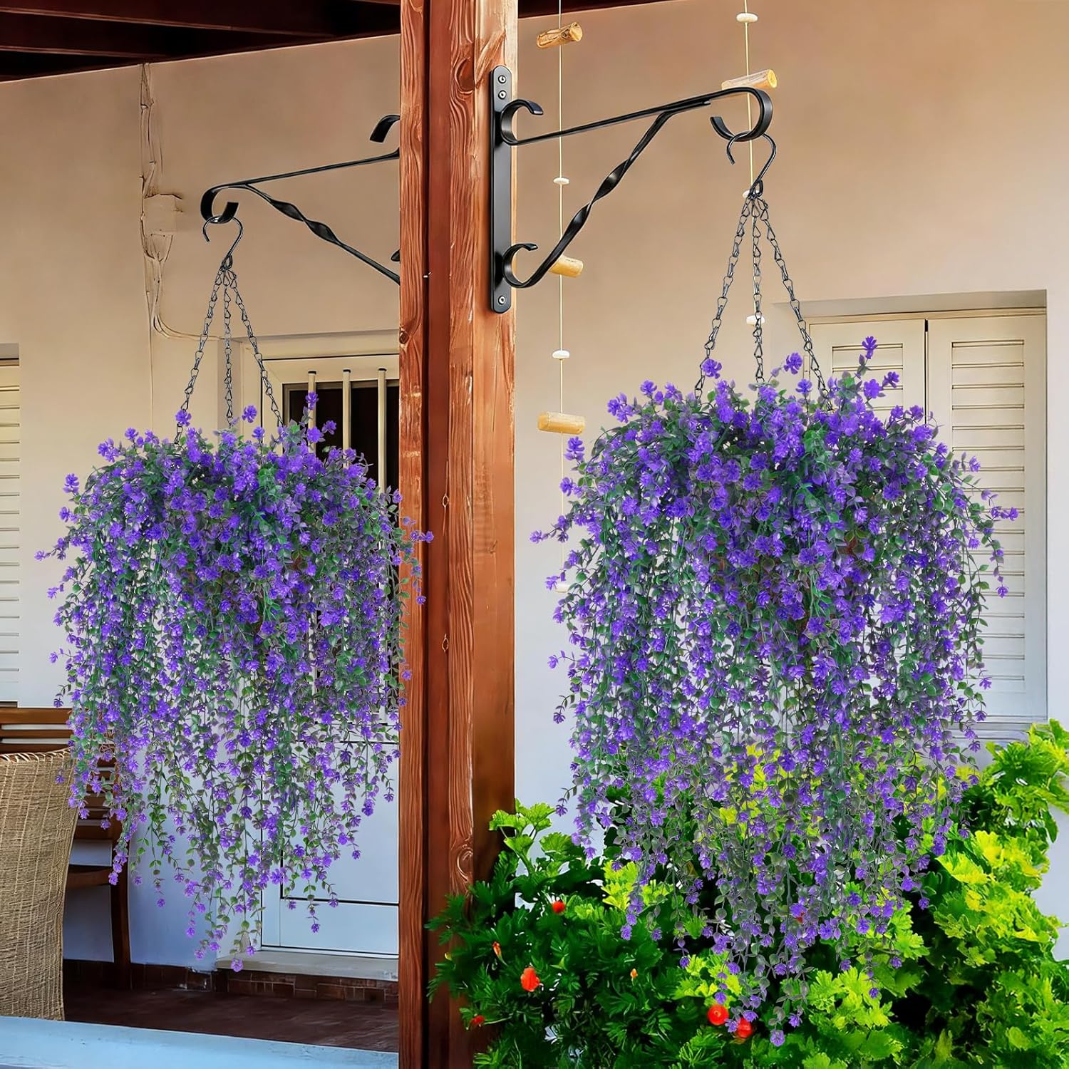 2 Set Artificial Flower Hanging Baskets For Outdoors, 20Pcs Fake Hanging Plants, Outdoor Faux Flowers Uv Resistant For Spring Summer Porch Patio Garden Home Decoration (Purple)