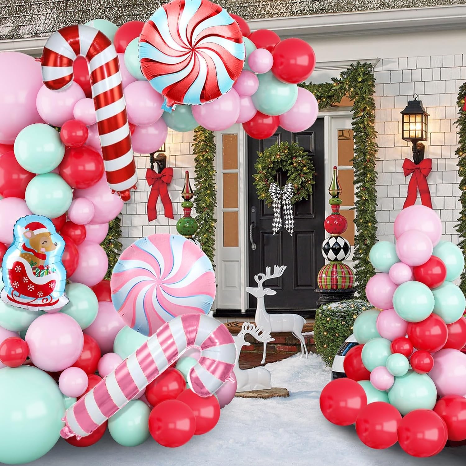 Christmas Balloons Arch, Pink Green Red Christmas Balloons, 5 10 18 Inch Pink Green Christmas Balloon Garland Kit, Christmas Party Balloons With Candy Cane Sled Foil Balloons For Christmas Party