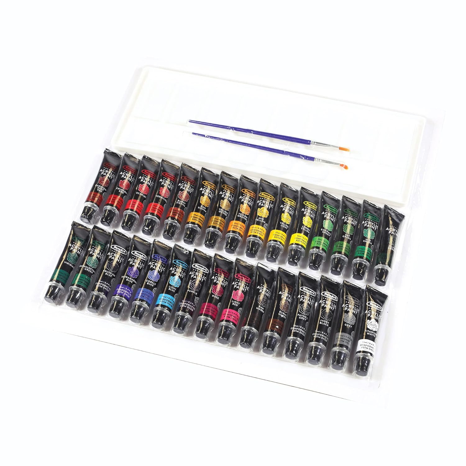 Rose Art Premium 30ct Acrylic Paints Set, Professional Painting Set Complete with 30 Acrylic Paint Colors and Bonus 2 Paint Brushes and Paint Palette