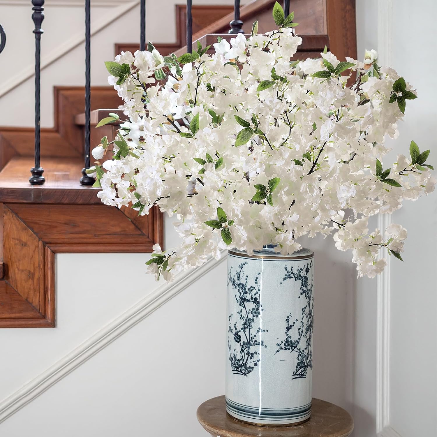 6 Pcs 40" Artificial Cherry Blossom Branches Spring Cream White Faux Tall Cherry Flower Stem Arrangement Realistic Plastic Flower Pick For Scandinavian Diy Home Office Wedding Vase Party Decor