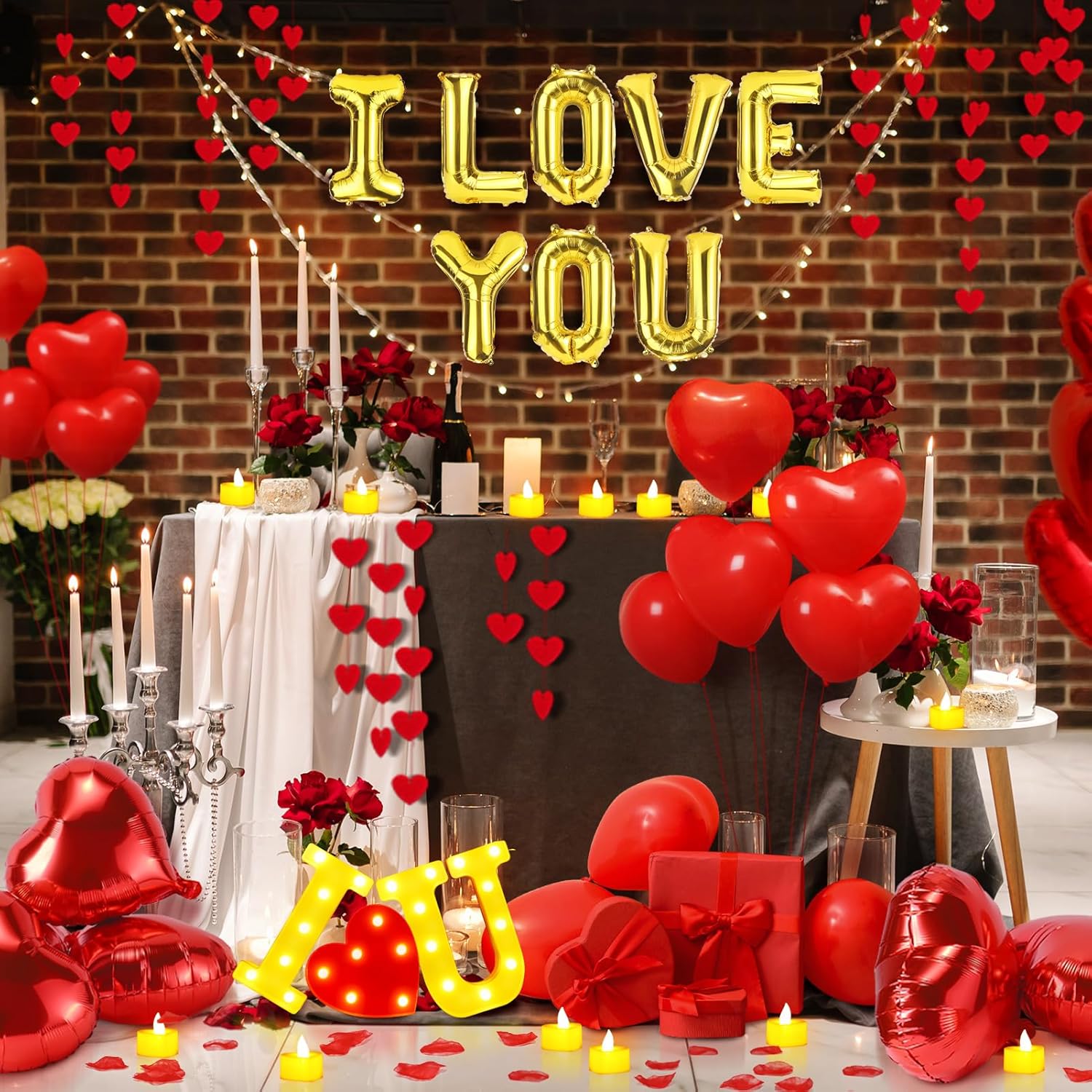Happy Anniversary Valentines Day Decorations, Romantic Special Night Decor, Rose Petals & Candles Set, I Love You Signs & Balloons, Felt Heart Strings & Foil Balloons