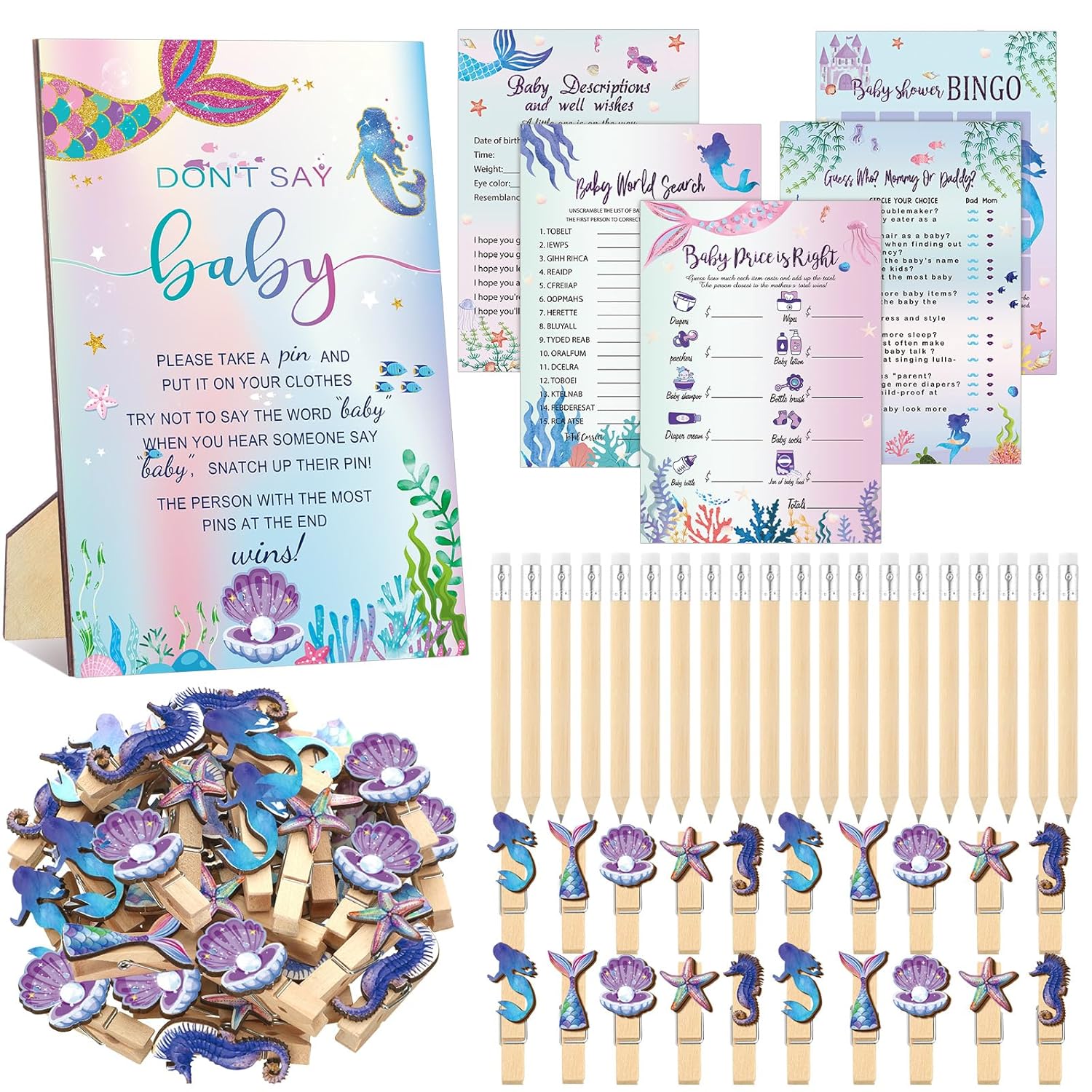 321 Pcs Mermaid Baby Shower Game Supplies For Girl 5 Set Include 50 Activity Cards 20 Pencils 1 Don'T Say Baby Sign 50 Clothespins For Price Is Right Prediction Bingo Game Party Decor