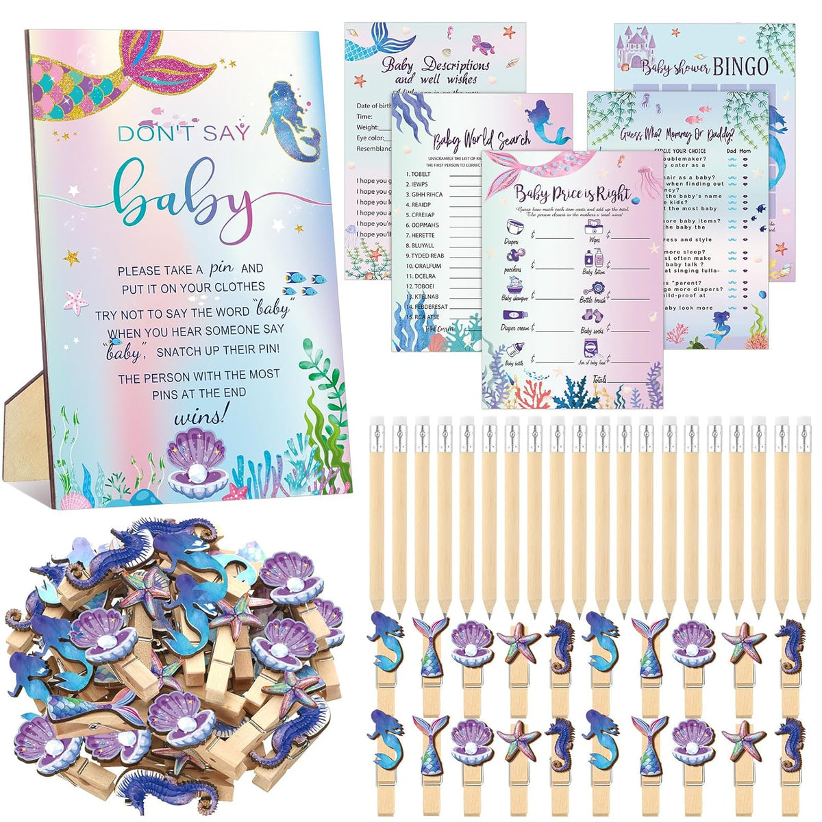 321 Pcs Mermaid Baby Shower Game Supplies For Girl 5 Set Include 50 Activity Cards 20 Pencils 1 Don'T Say Baby Sign 50 Clothespins For Price Is Right Prediction Bingo Game Party Decor