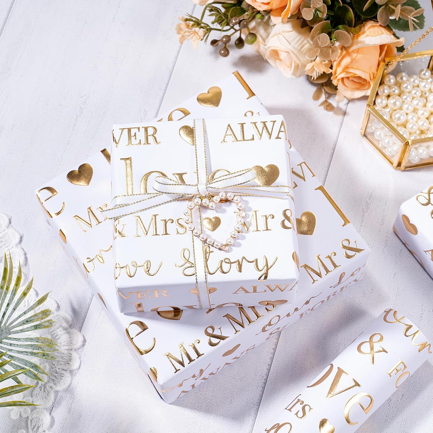 Wrapping Paper Roll, Bridal Shower Gift Wrap, Mini Roll, 17 Inches X 16.5 Feet, White And Gold Foil Love Design For Wedding, Anniversary, Engagement