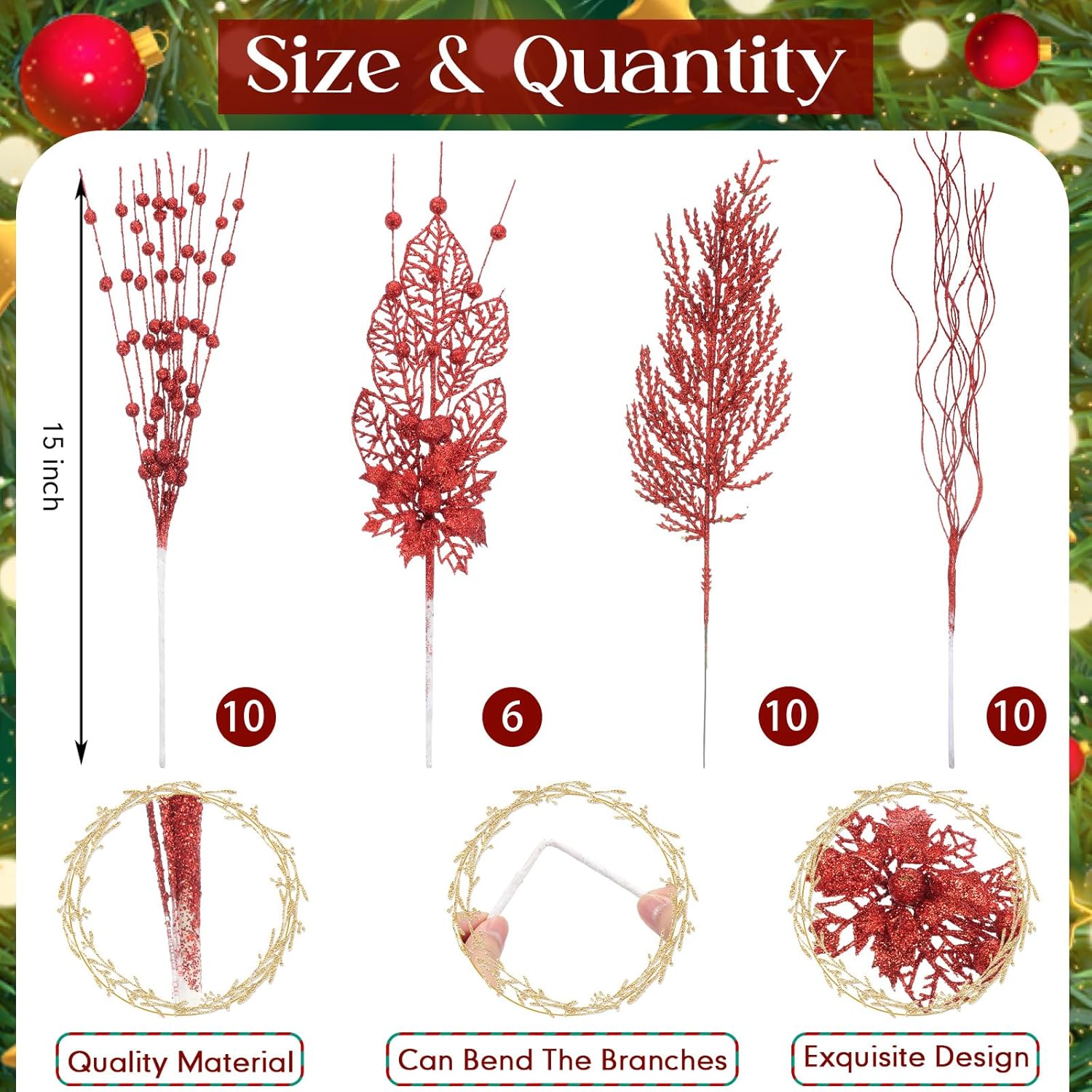 36 Pcs Christmas Glitter Berries Stems 15 Inch Xmas Artificial Pine Needles Floral Picks Sprays Glittery Curly Twigs Branches Ornaments For Xmas Tree Diy Crafts Wreath Vase Filler(Red Gold)