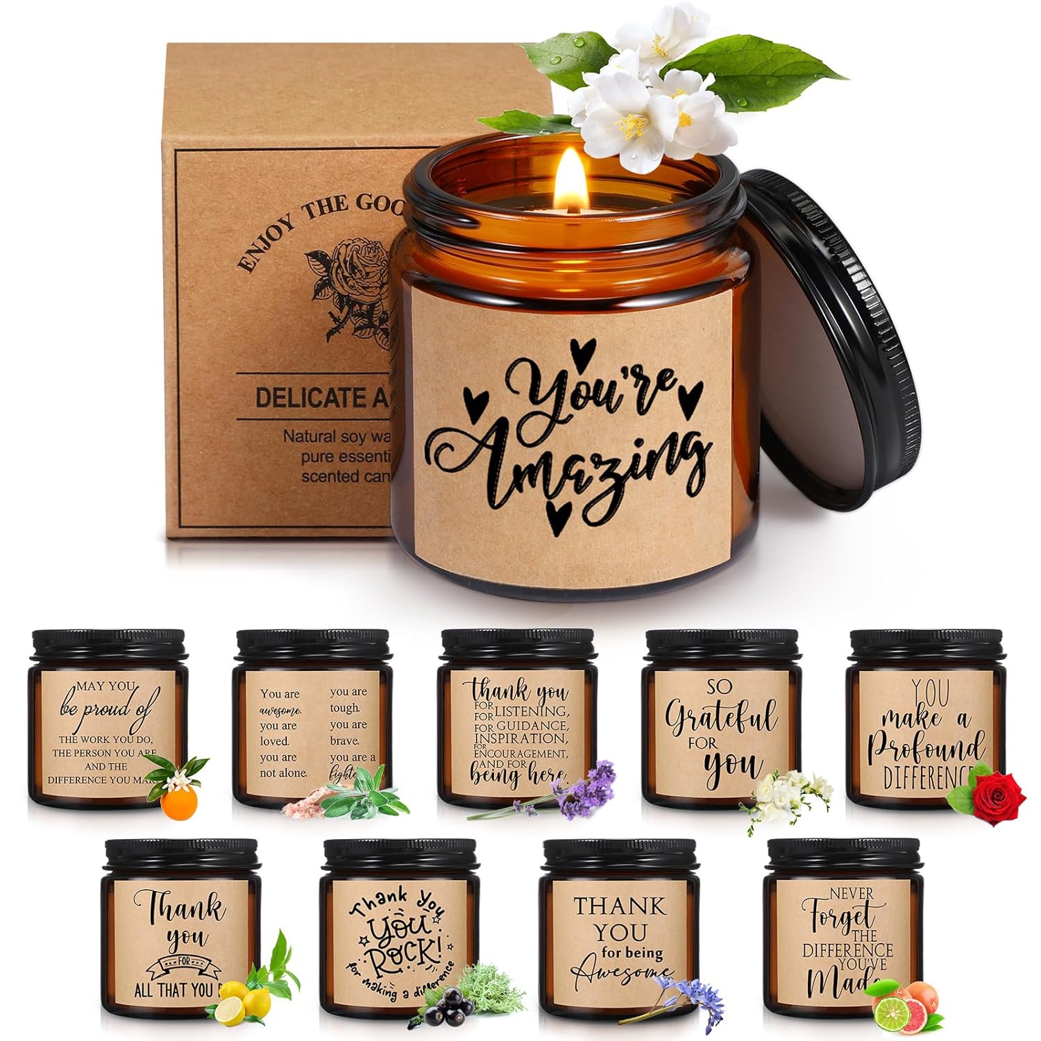 10 Jars Thank You Gift Candles 3.5 Oz Valentines Employee Appreciation Gifts Bulk Soy Wax Jar Inspirational Candle Thank You Coworkers Employee Women Secretaries Teacher(Amber,Pretty,Lovely)