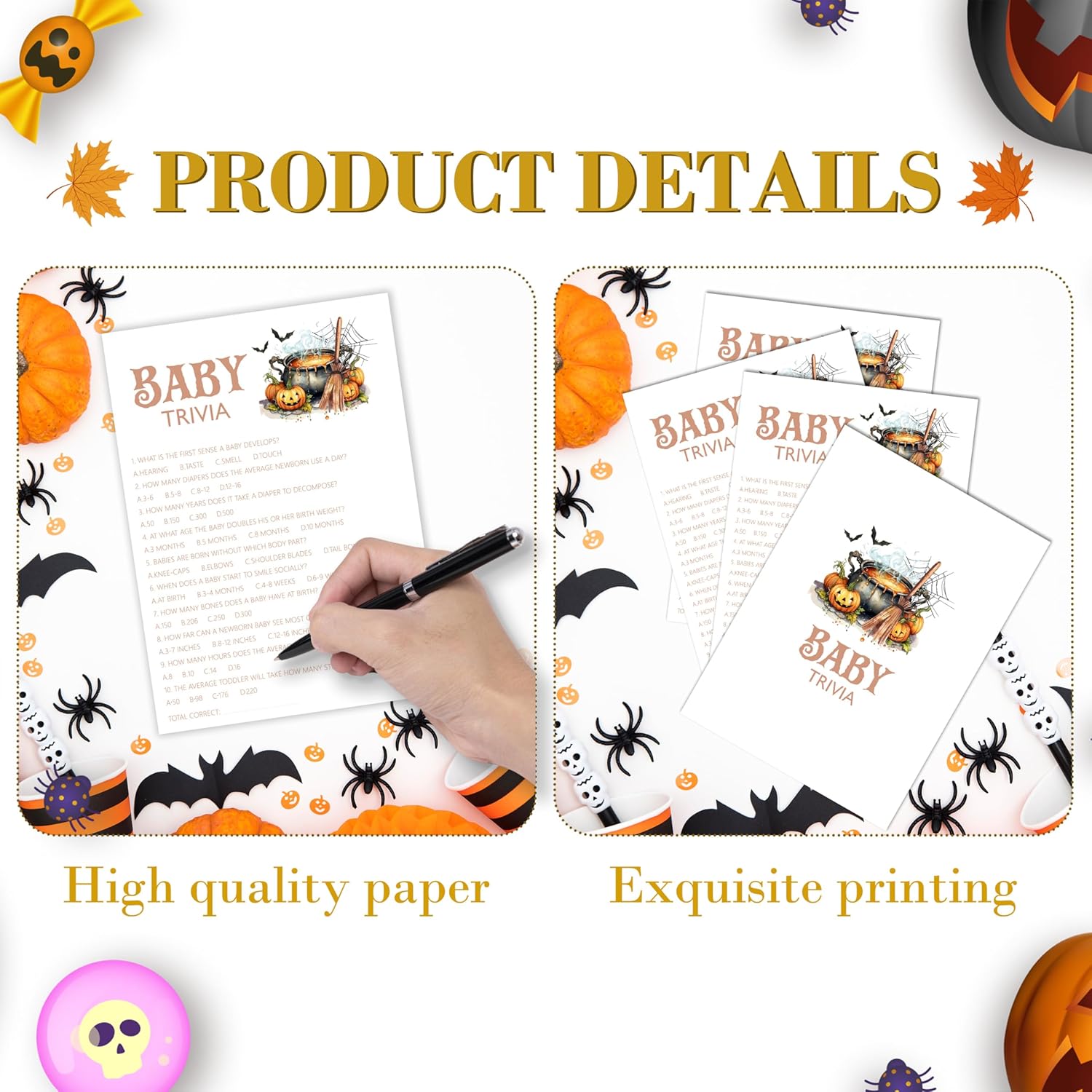 Halloween Baby Shower Games, Trivia Game Cards, 5X7 In, Halloween Baby Shower Party Favor Decorations Supplies - A05