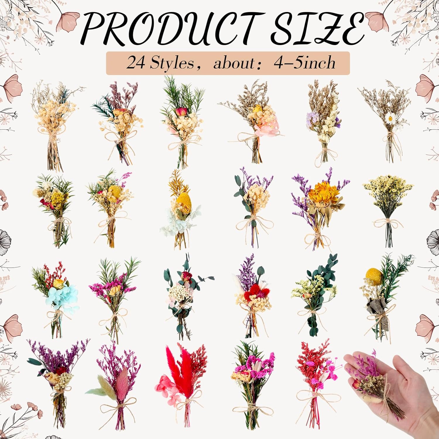 24 Pcs Dried Flowers Bouquet Boho Mini Dried Flower With Stem Small Floral Plants Mixed Natural Flowers Bundles For Crafts Vase Diy Photo Props Wedding Decoration