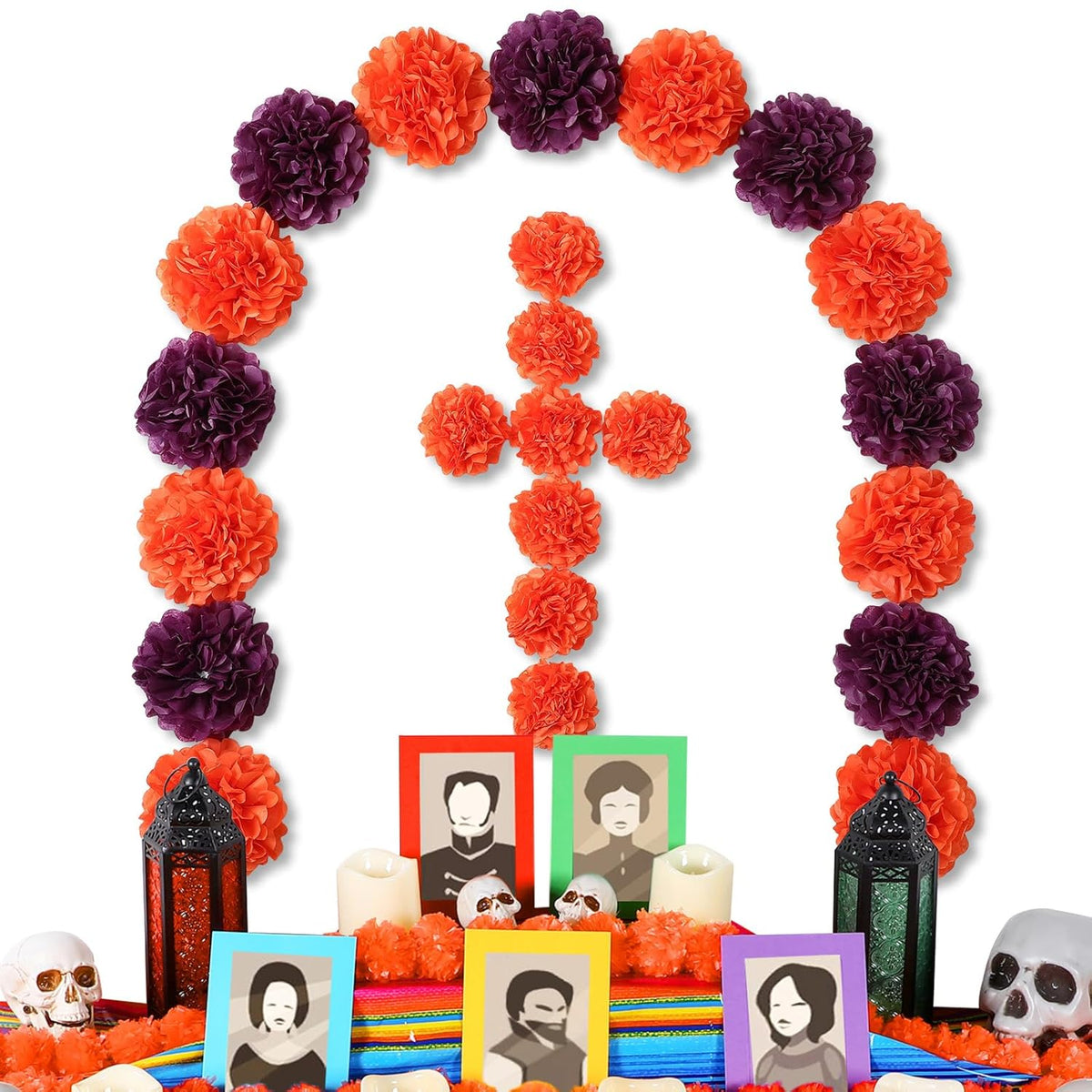 24 Pcs Day Of The Dead Decorations Dia De Los Muertos Altar Decor Artificial Marigold Flower Mexican Party Ofrenda Decorations For Diwali Halloween Decor (Purple Orange)
