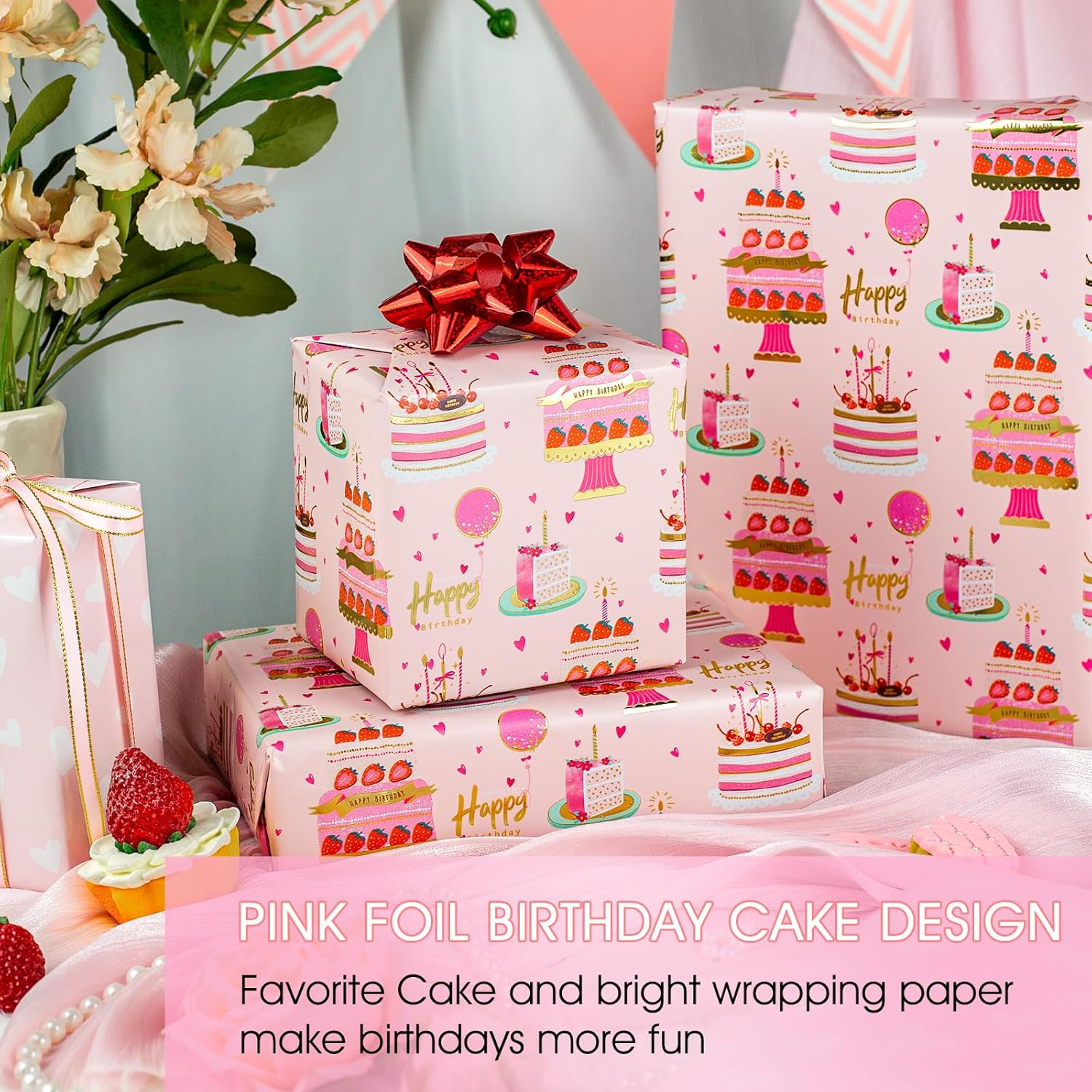 Girls Birthday Wrapping Paper Roll, Pink Gift Wrapping Paper,Metallic Foil Pink Cartoon-Style Birthday Cakes Gift Wrap For Kid Party,Baby Shower,Wedding, Holiday,Christmas(17 Inch X 33 Feet)