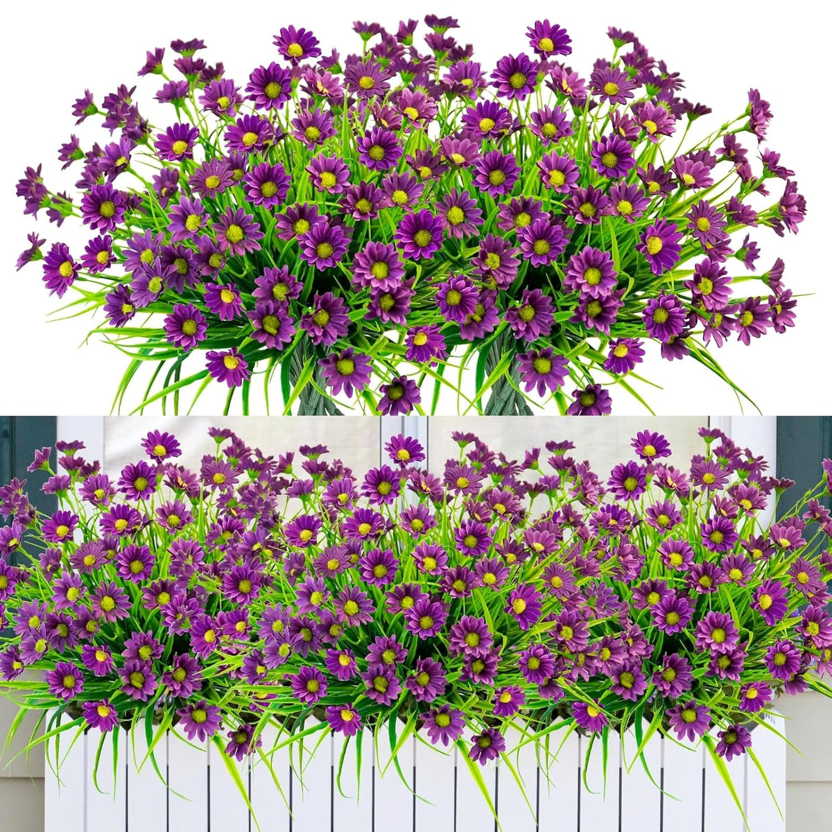 12 Bundles Artificial Daisies Flowers Outdoor Uv Resistant Fake Silk Daisy Mums Flowers No Fade Faux Greenery Plants For Home Wedding Garden Window Box Outdoor Planters Spring Decor - Purple
