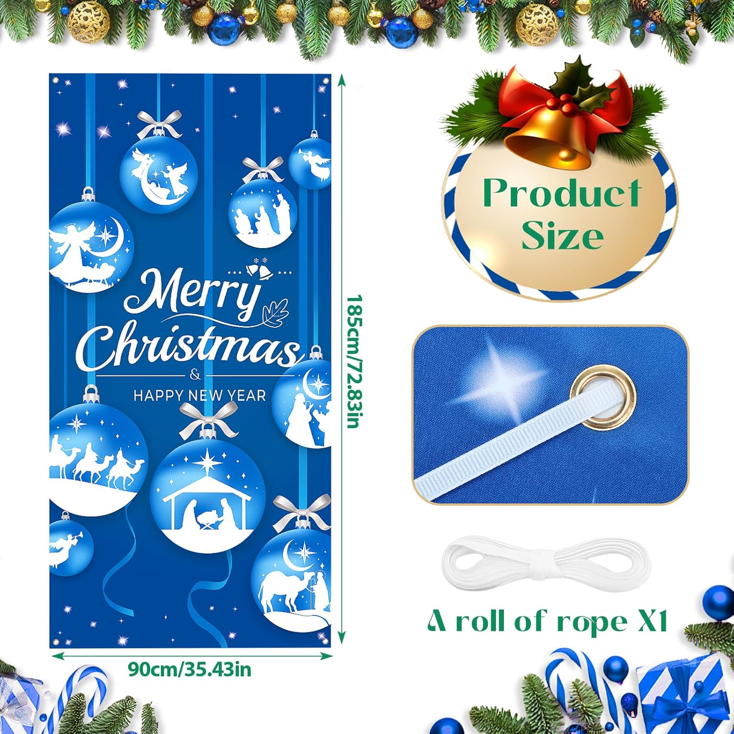 Merry Christmas Nativity Door Cover Decorations, Blue Religious Christmas Ball Door Cover Banner Holy Nativity Christmas Door Banner Happy New Year Banner For Religious Christmas New Year Party Decor