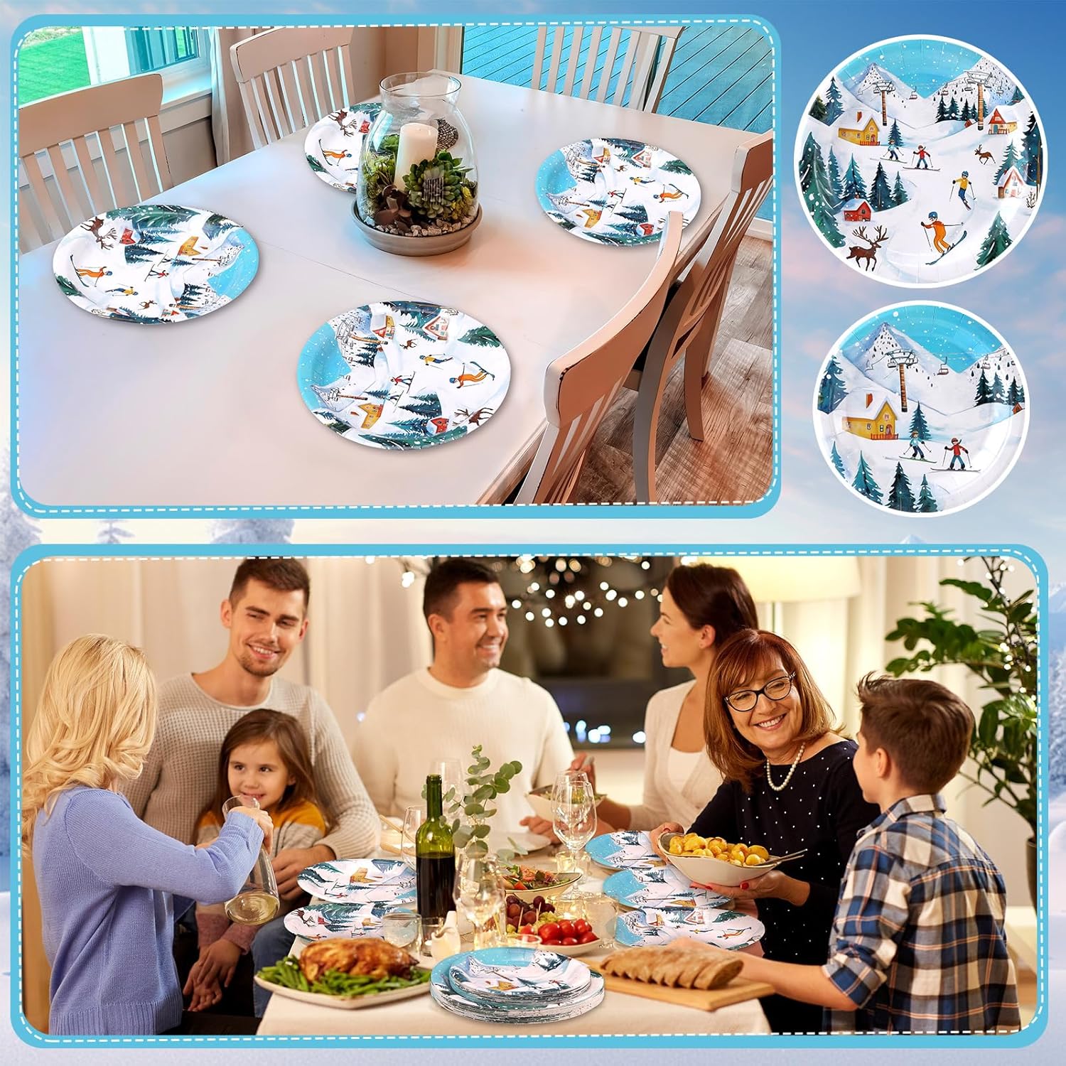 48 Pcs Skiing Paper Plates Set Ski Birthday Party Decorations Include 9" 7" Winter Wonderland Ski Disposable Plates Skier Snow Decorative Dinner Tableware For Christmas Party Supplies