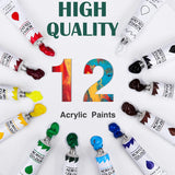 Acrylic Paint Set,Paint Set With 10 Paint Brushes12 Color 12Ml Acrylic Paint,1 Palettes And 4 Pcs Canvas For Students, Artists And Beginner Art Supplies