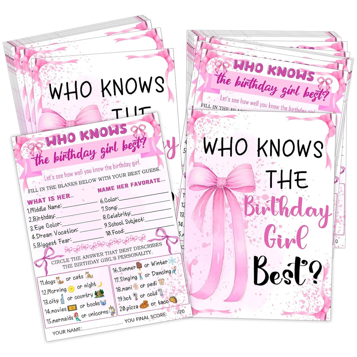 Who Knows The Birthday Best - Pink Party Games Card Set Of 20 - Birthday Night Games Creative Idea - Pink Bow Themed Sleepover Slumber Party Supplies