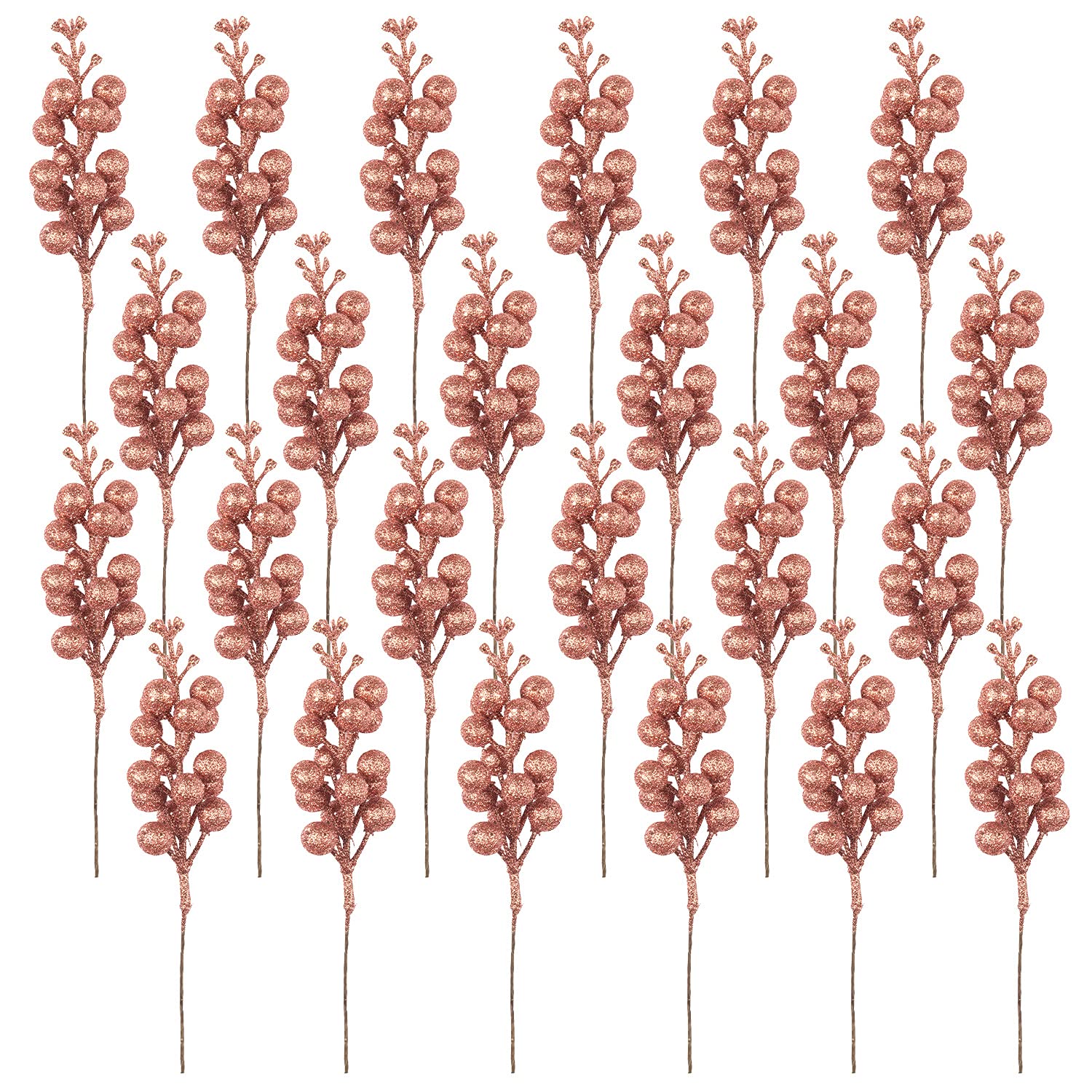 24 Pack Rose Gold Christmas Glitter Berries Stems Artificial Christmas Picks For Christmas Tree Ornaments Wreath, Crafts, Holiday And Home Decor