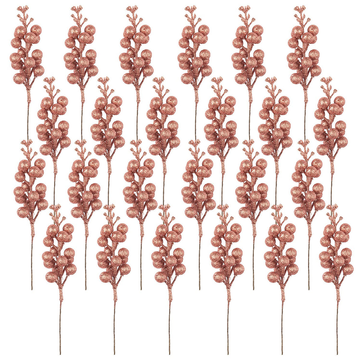 24 Pack Rose Gold Christmas Glitter Berries Stems Artificial Christmas Picks For Christmas Tree Ornaments Wreath, Crafts, Holiday And Home Decor