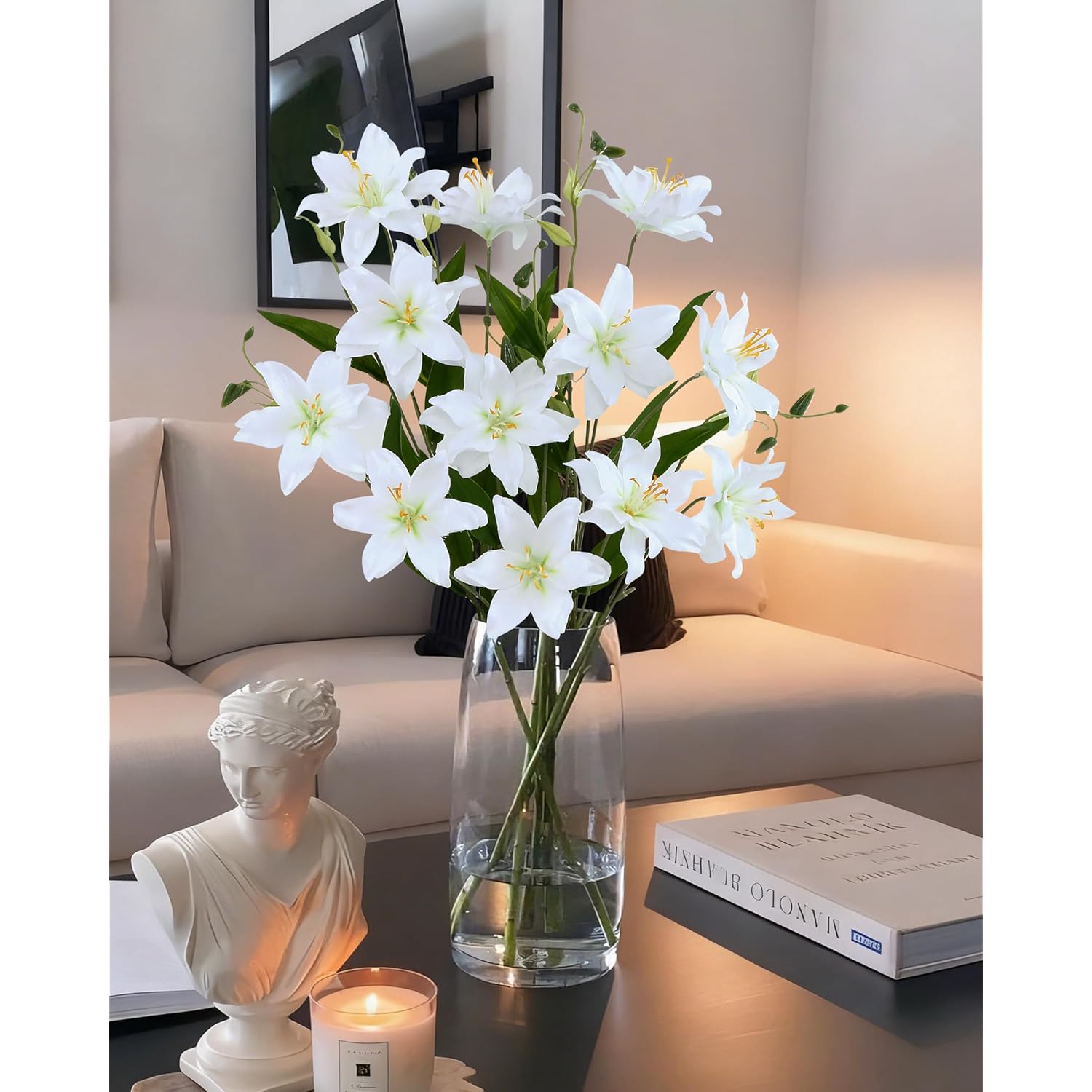 6 Pcs Artificial Lily Flowers, Fake Lilies Silk Flower For Table Vase Diy Wedding Bouquets Party & Home Decor(White)