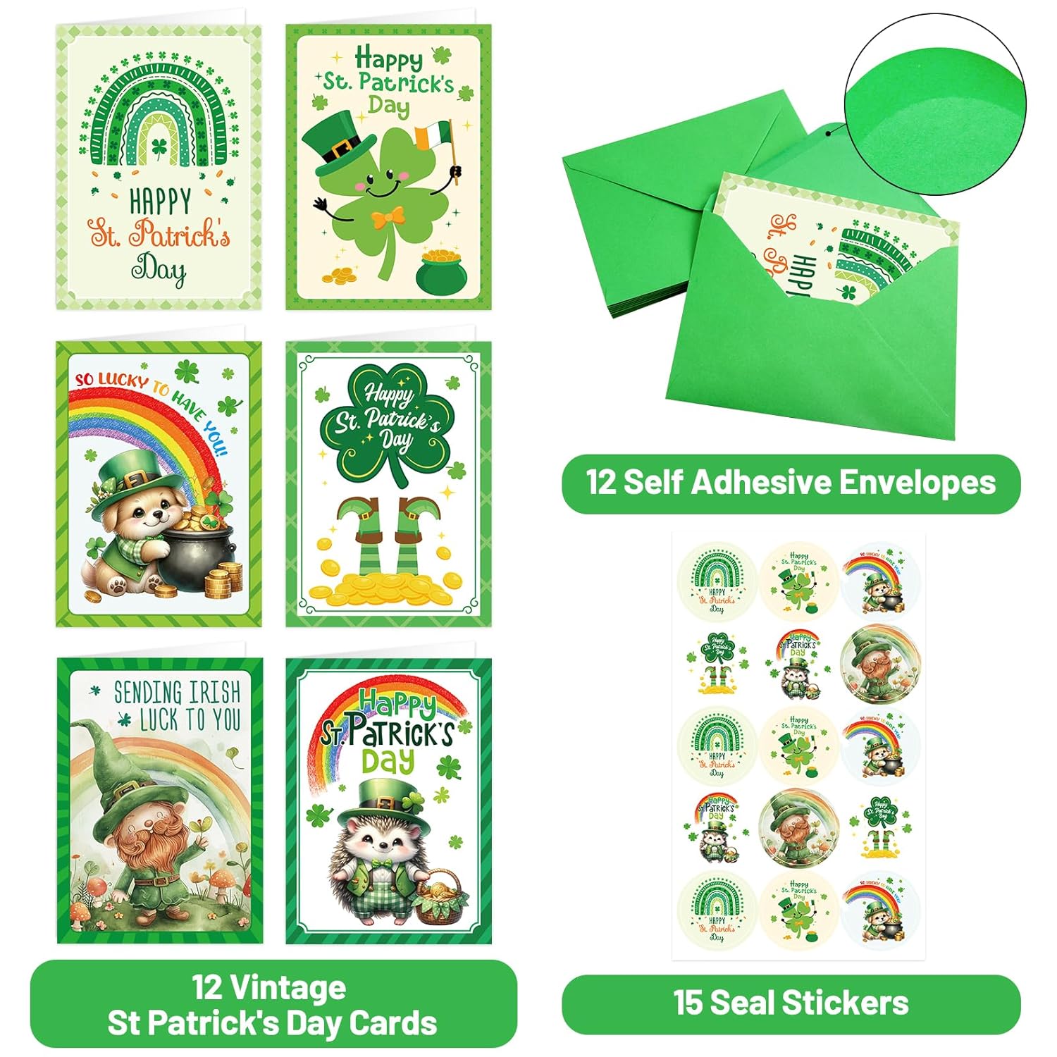 Treasure Cove St Patricks Day Cards Green Cartoon Animal Greeting Card with Envelopes and Stickers for Irish Holiday Supplies Party Favors 12Pcs