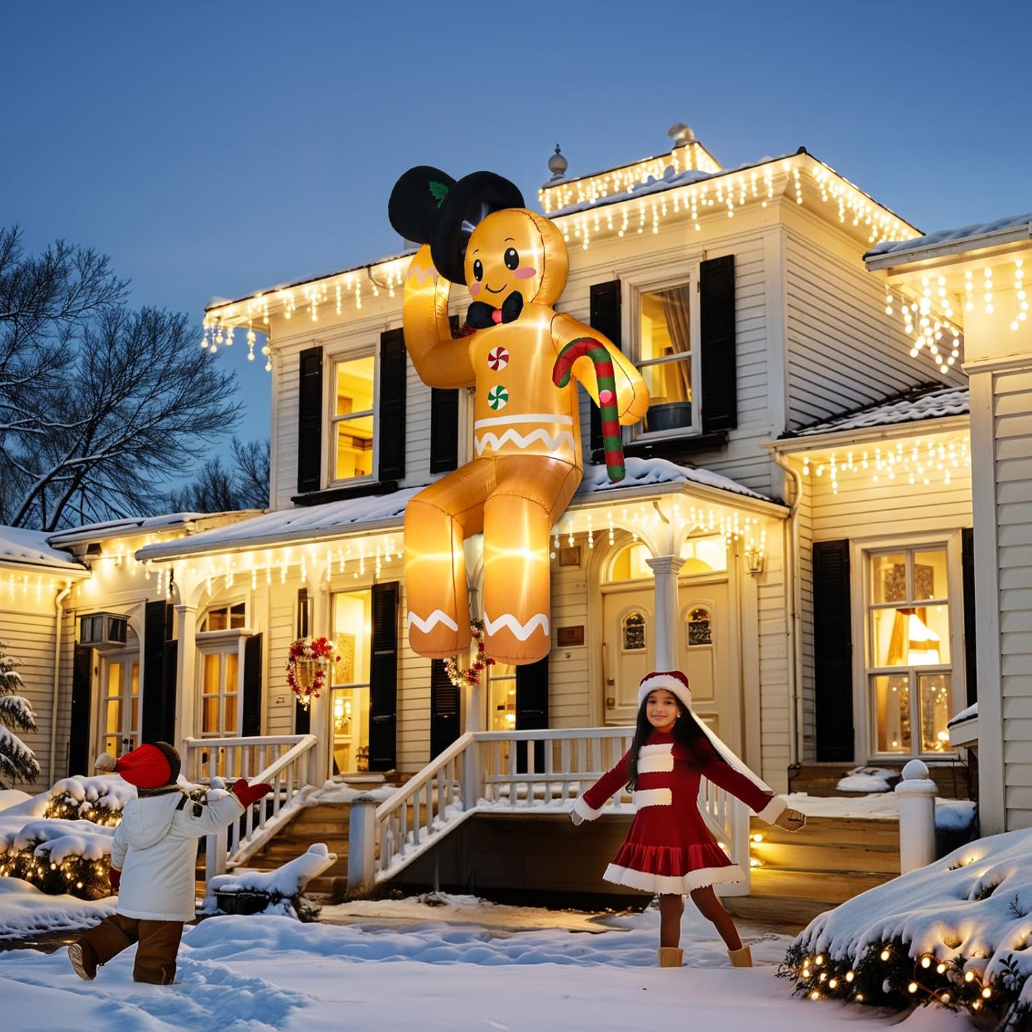 10 Ft Christmas Inflatable Outdoor Decoration, Sitting Gingerbread Inflatable Christmas Blow Up Yard Decorations With Le