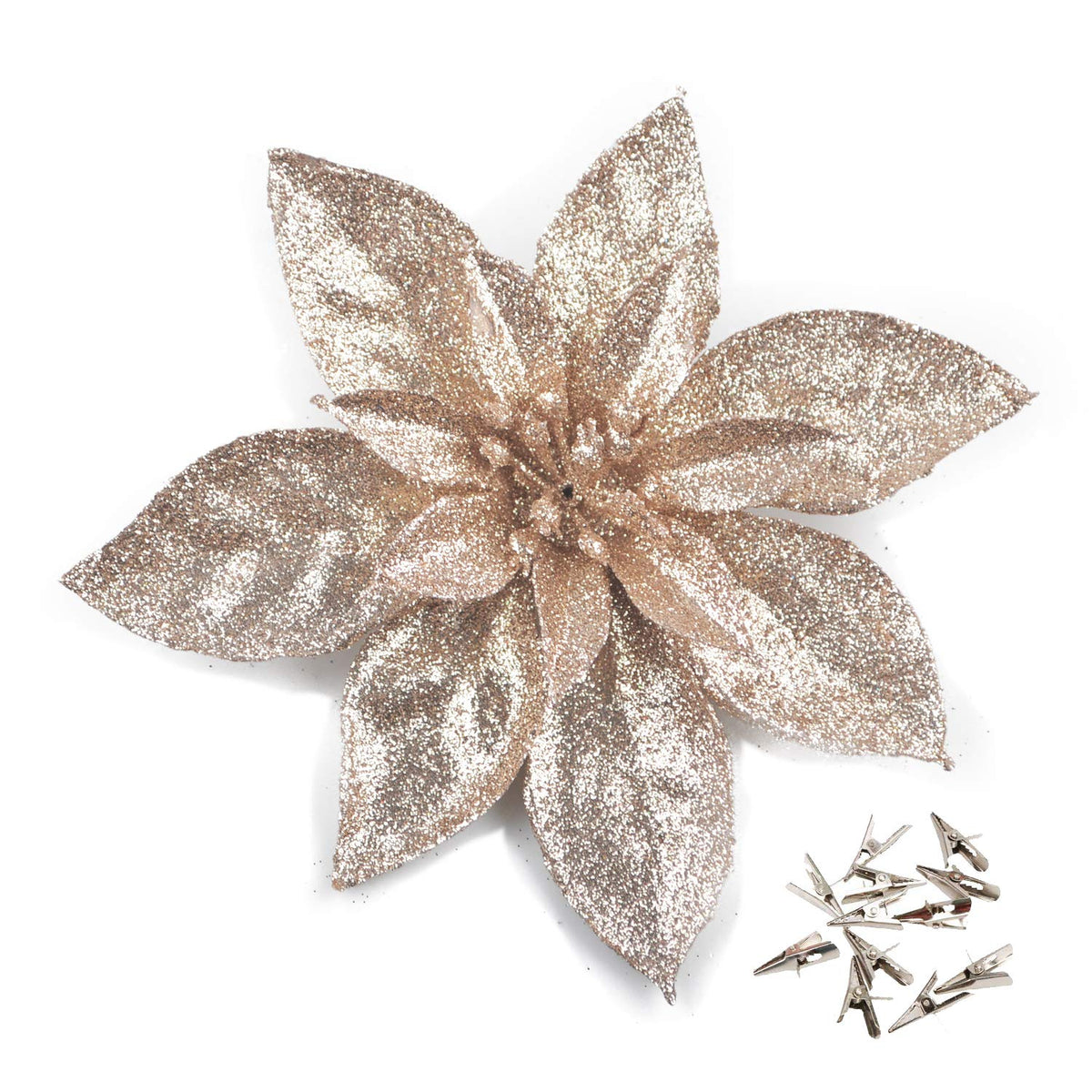 Gl-Turelfies 12 Pcs Glitter Christmas Flowers(16Cm/6.3’’) With 12 Pcs Clips Artificial Poinsettia Flower Christmas Tree Flower Decorations Xmas Tree Ornaments (Champagne)