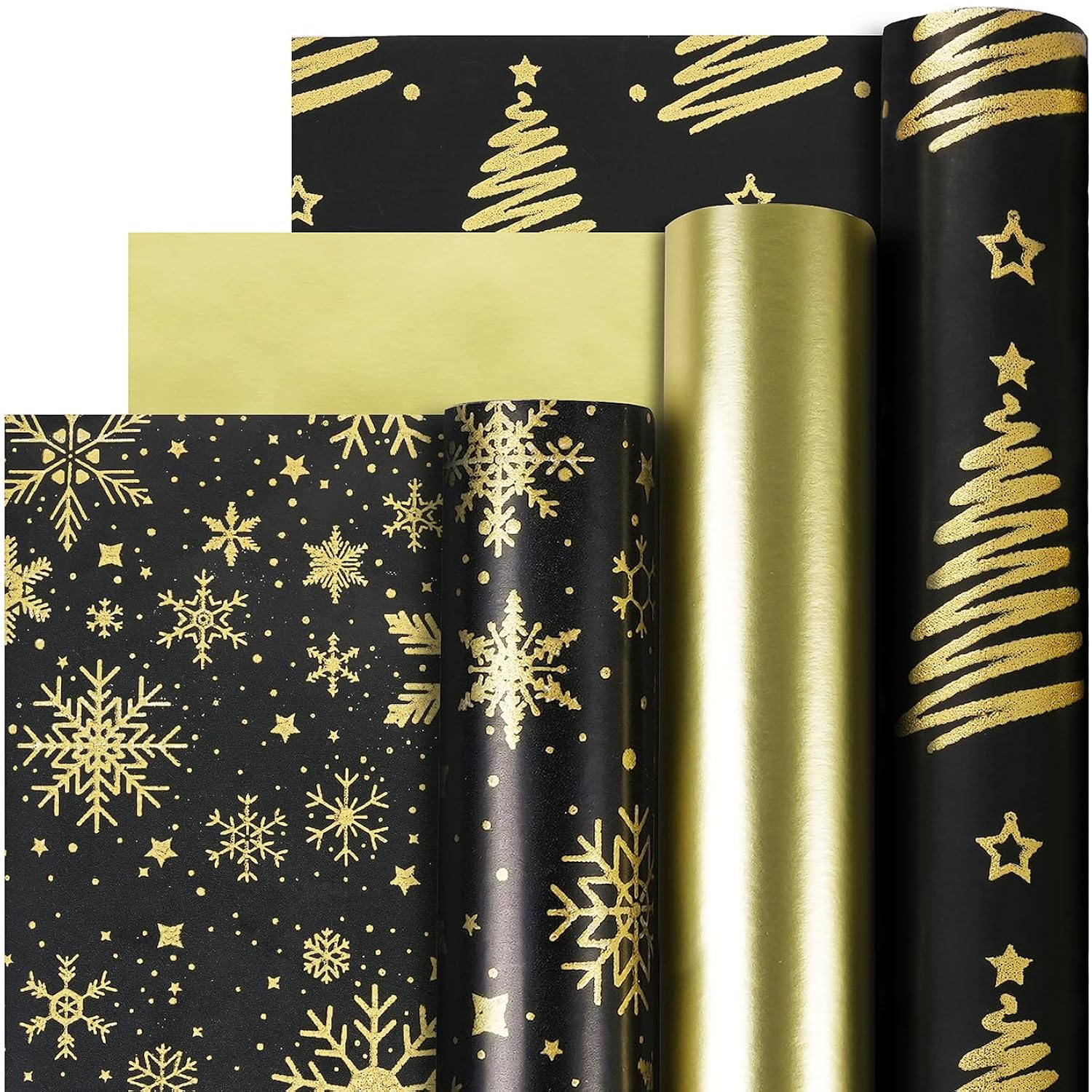 Christmas Wrapping Paper Rolls, Mini Roll - 3 Rolls Black And Gold Xmas Wrapping Paper, Gold Foil Christmas Trees And Snowflake Wrapping Paper For Xmas, New Year, Winter Holiday, Party, 17 X 120 Inch Each Roll