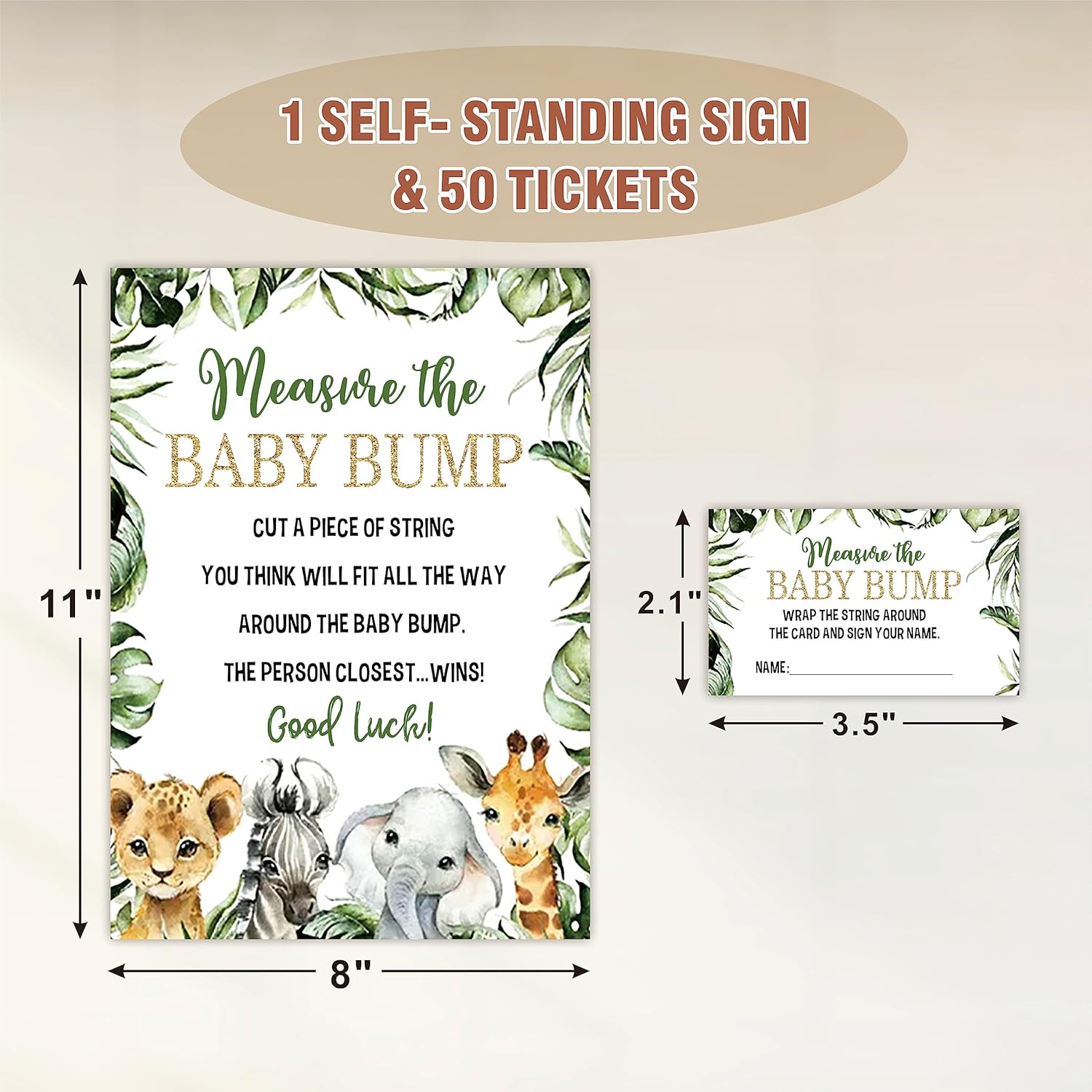 Baby Shower Games - Measure The Baby Bump Set - Greenery Floral Safari Theme How Big Is Mommy'S Belly - 1 Standing Sign & 50 Tickets - Gender Reveal Party Decorations & Supplies -Dwlk-A02
