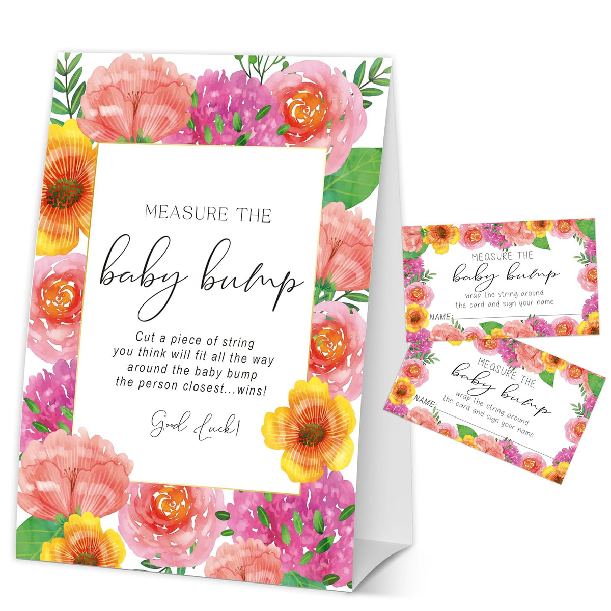 Baby In Bloom How Big Is Mommys Belly Game, Measure The Baby Bump Game, Floral Babys Shower Party Decorations & Supplies, 1 Sign & 50 Guess Cards-A10