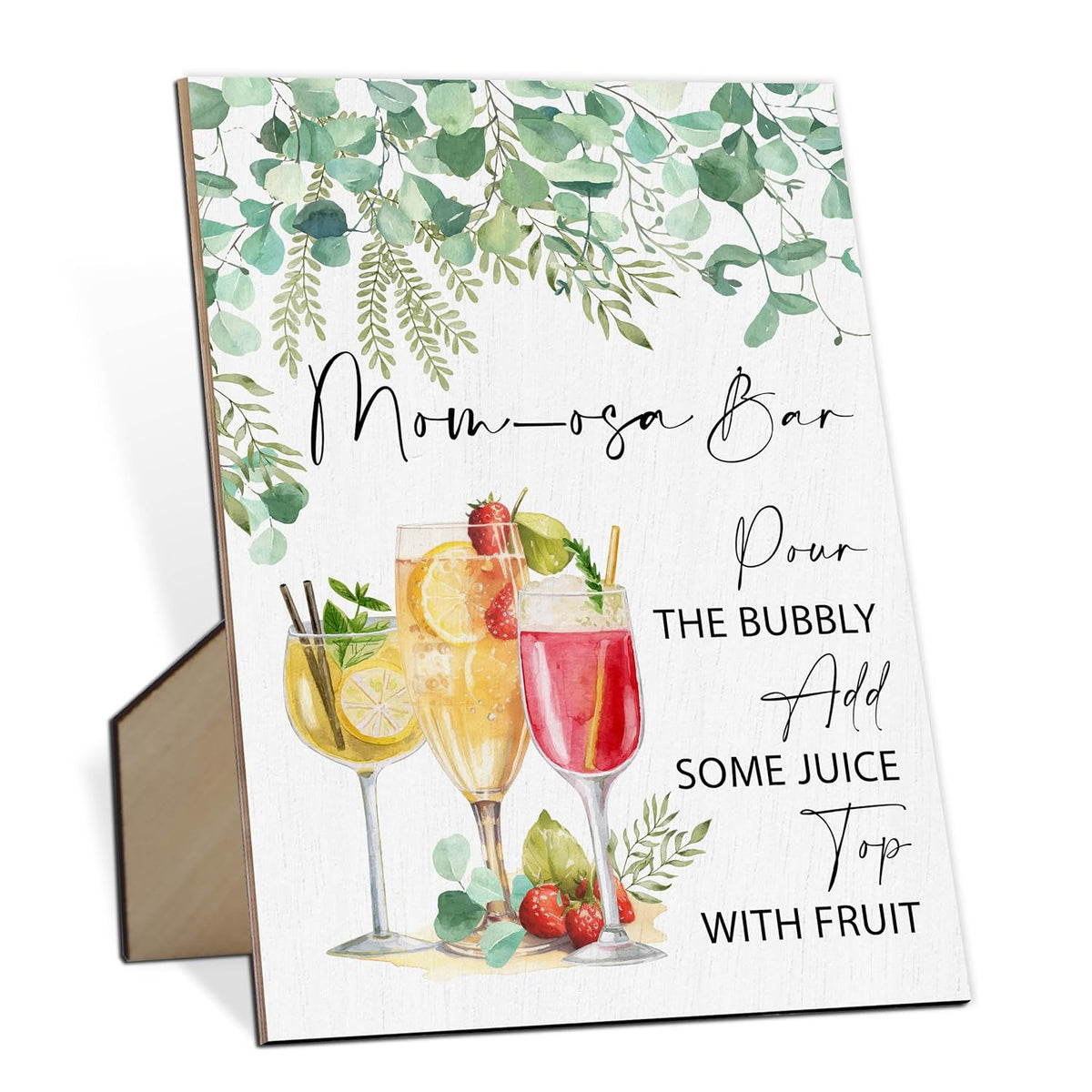 Mom-Osa Bar Baby Shower Sign, Greenery Champagne Gender Neutral Tabletop Sign With Stand, Wooden Game Sign For Baby Shower Birthday Mother'S Day Decor, Gender Reveal Party Favors Supplies-Mq412