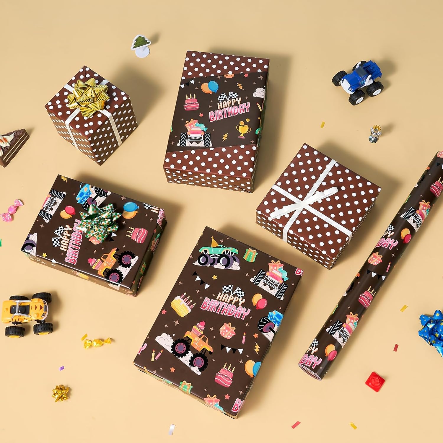 Monster Truck Wrapping Paper Roll - 1 Roll 17” X 33 Ft Brown Happy Birthday Wrapping Paper For Boys Kids Reversible Monster Trucks Gift Wrap For Racing Car Party Decorations Supplies
