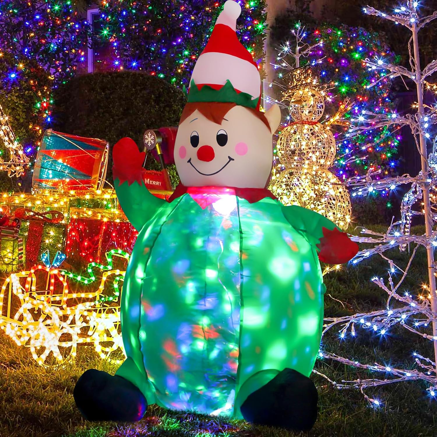 4Ft Christmas Inflatable Elf Indoor Outdoor Decoration,Green Elves Clown With Led Rotating Light Yard Blow Up For Christ