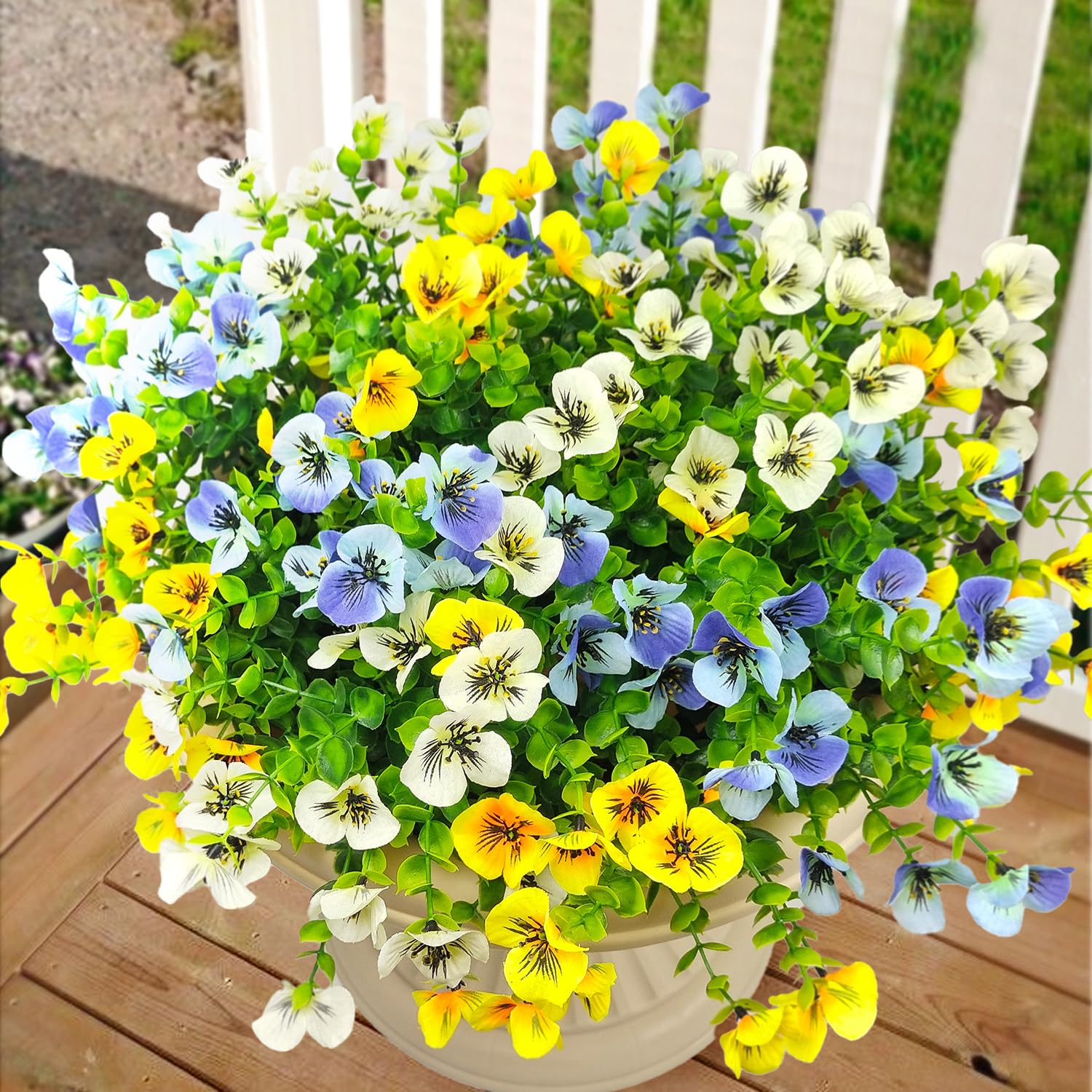 Pansies Artificial Flowers For Outdoors 12 Bundles Fake Silk Pansy Faux Plastic Plants Uv Resistant For Home Outside Garden Planter Front Door Porch Yard Patio Decor (Blueyellowwhite)