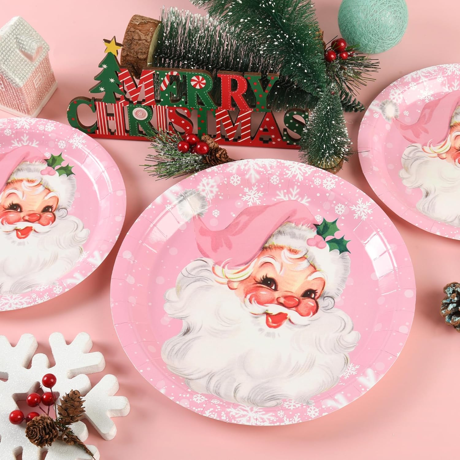 48Pcs Pink Christmas Party Plates Santa Claus Disposable Paper Plates Merry Christmas Snowflake 9" And 7" Dinner Dessert Plates For Winter Xmas Holiday Party Supplies Decor