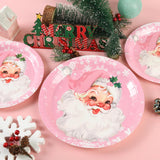 48Pcs Pink Christmas Party Plates Santa Claus Disposable Paper Plates Merry Christmas Snowflake 9" And 7" Dinner Dessert Plates For Winter Xmas Holiday Party Supplies Decor